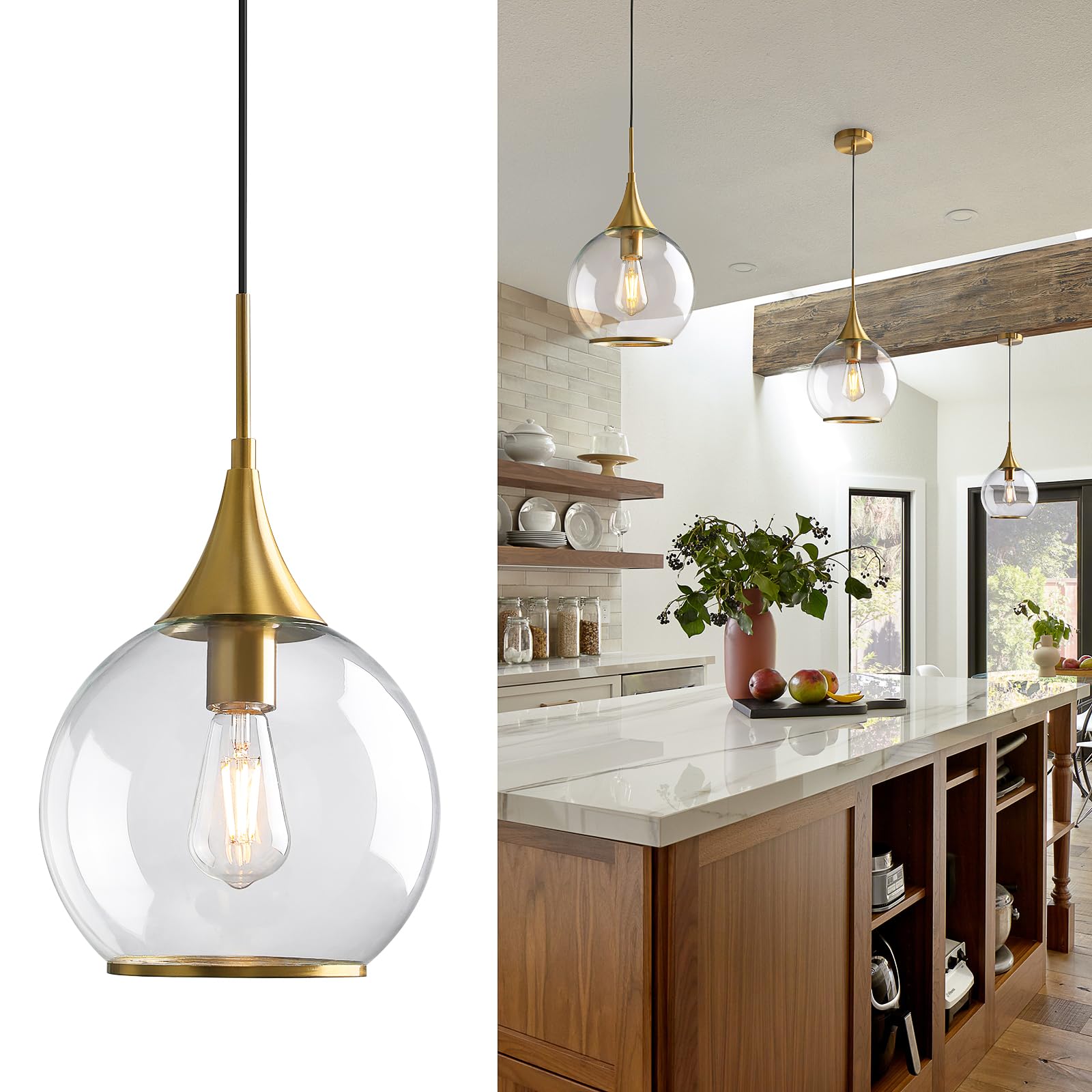 Pendant Lights Kitchen Island: Brushed Gold Light Fixture Farmhouse with Clear Glass - 10 Inch Mid Century Globe Kitchen Lighting Fixtures Ceiling for Dining Room