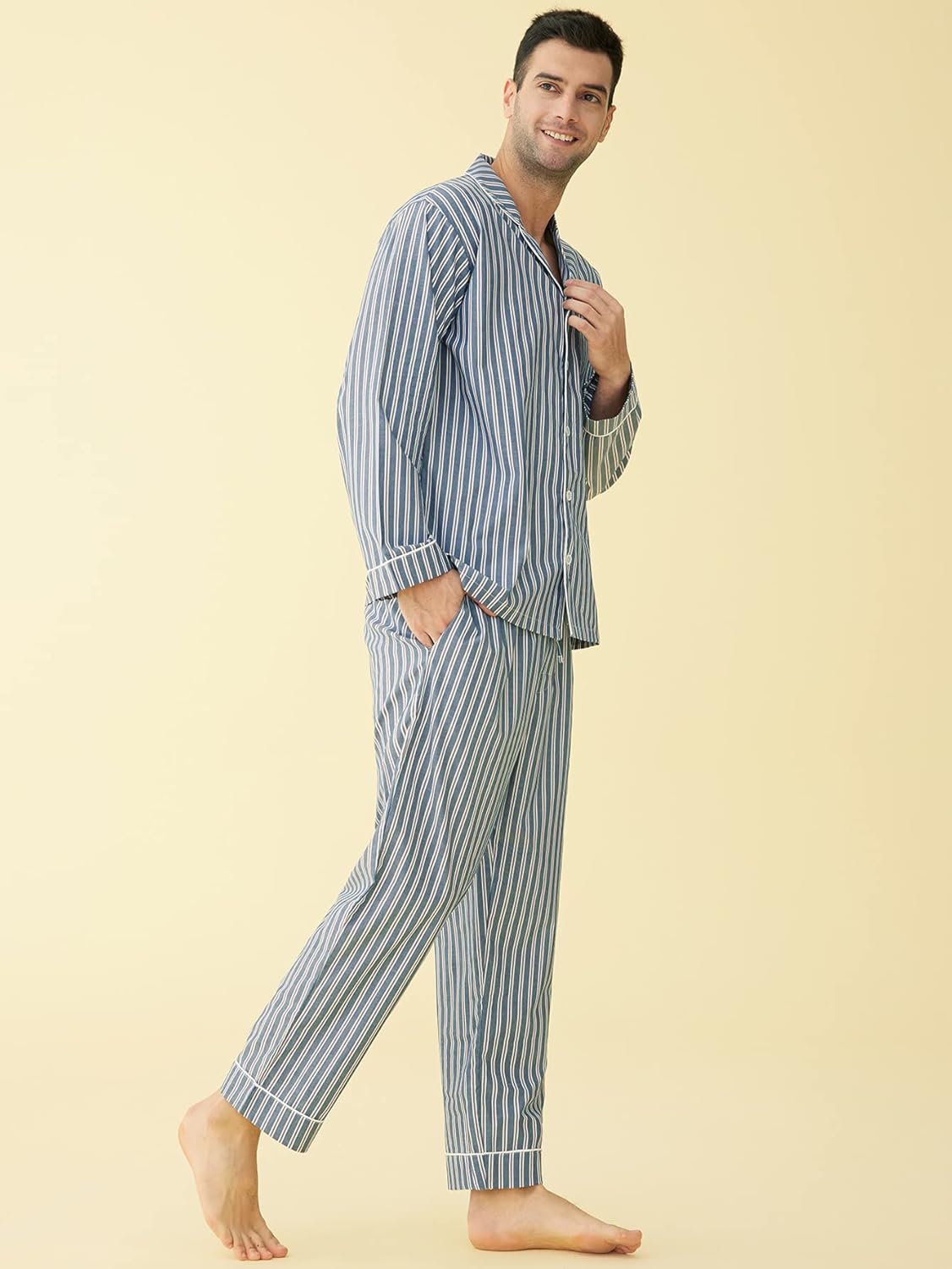 Latuza Men's Lightweight Cotton Pajamas Long Sleeves Shirt Pants Set - Image 2