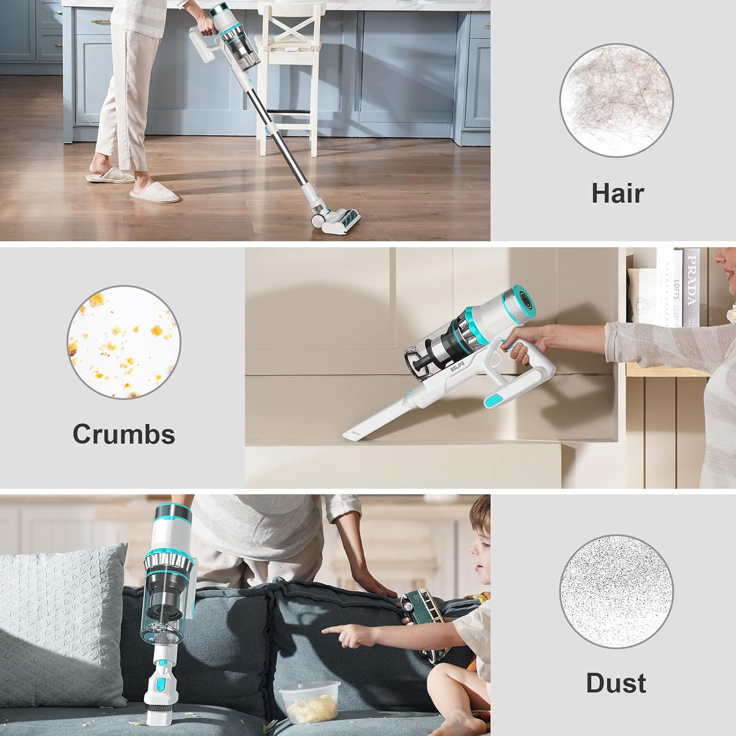 Belife Cordless Vacuum Cleaner, 22Kpa Rechargeable Stick Vacuum with