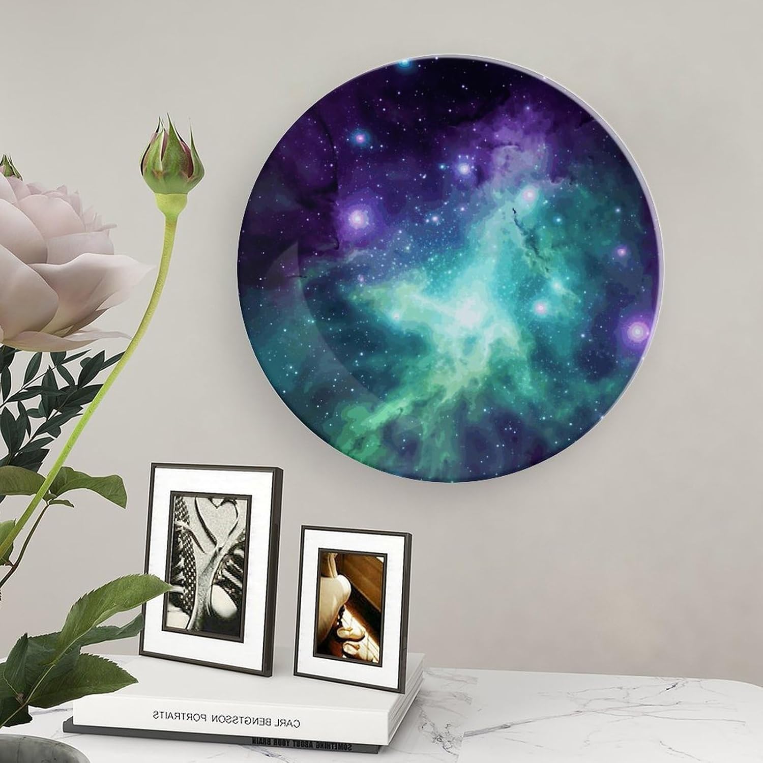 Green Blue Purple Galaxy Decorative Plates for Display Round Porcelain Plate Living Room Table Ceramic Hanging Decorative Plate Art Decor for Living Room Table with 1 Display Stand 8inch