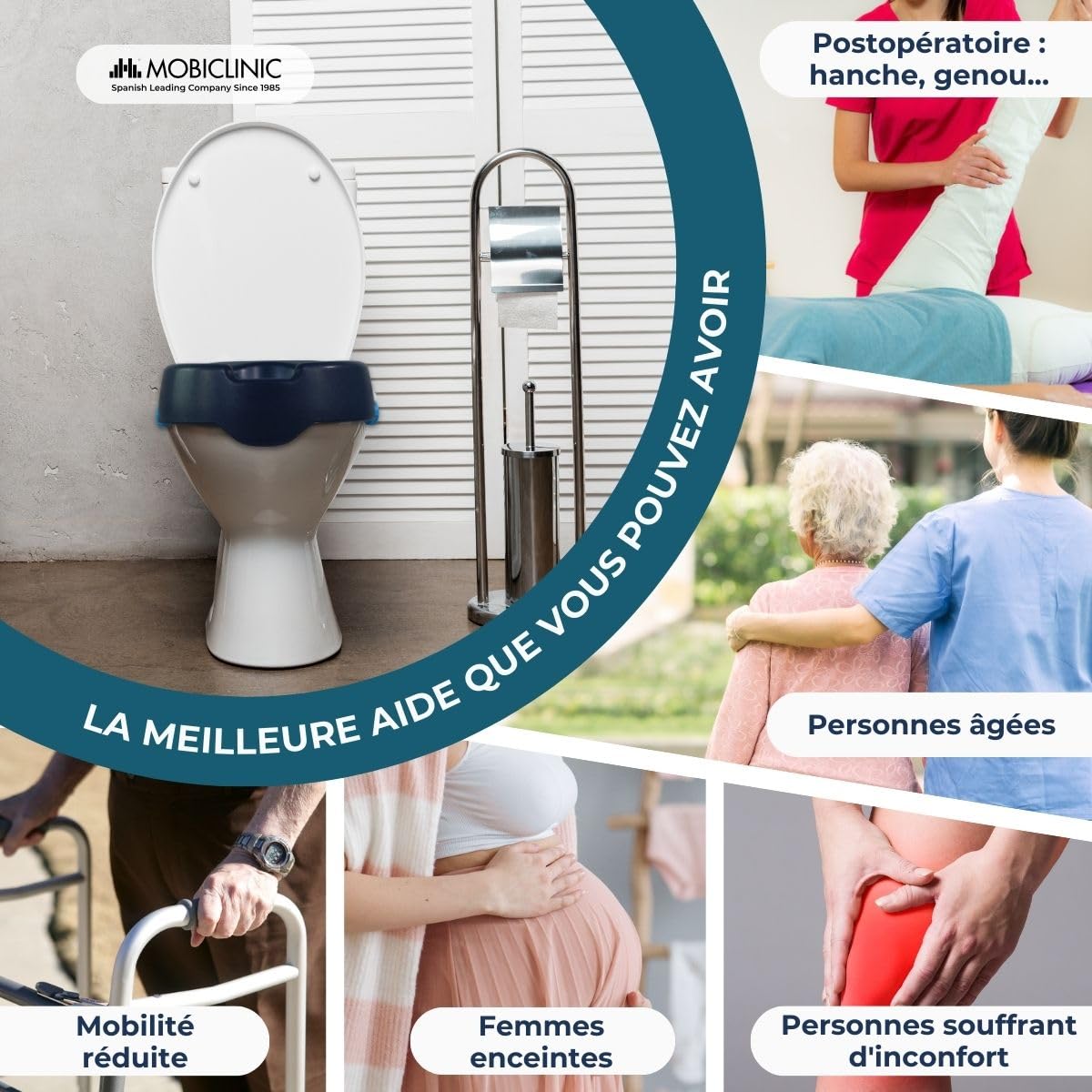 Mobiclinic, Rehausseur wc adulte, Mod. río, Marque européenne, Toilettes pour adultes, Souple, Hauteur 11 cm, Système de fixation latérale, Siège surélevé, Bleu