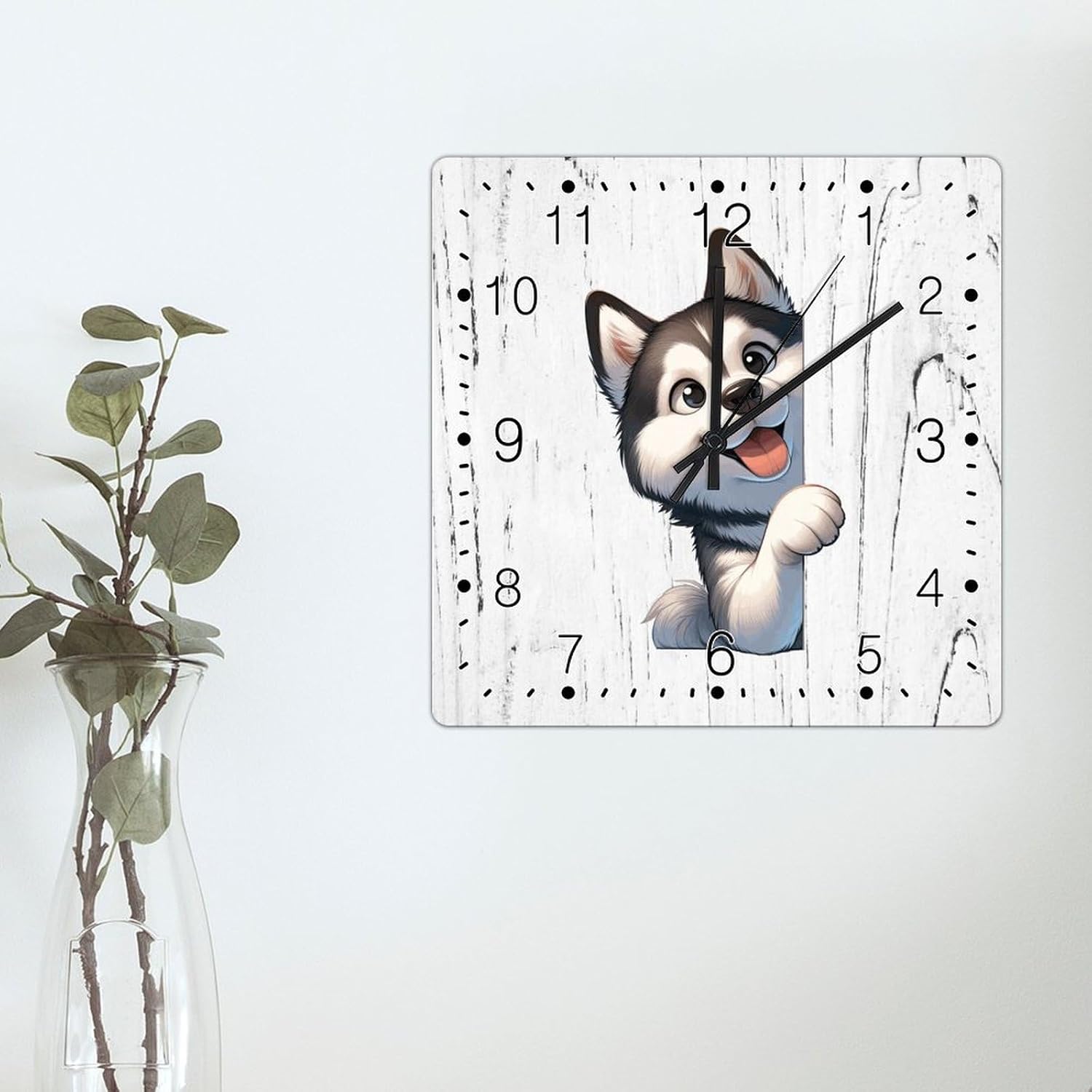 Siberian Husky Dog Peeking ASquare Corner Clocks Siberian Husky Wood Clocks Battery Operated Square Wall Clock Gift for Dog Owner Wall Clock for Dinning Living Room 12x12in