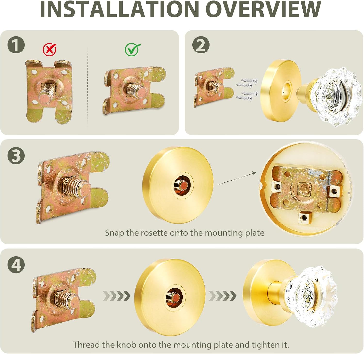 Glass Crystal Door Knobs, Dummy Door Lever, Interior Door Handle Single Sided Decorative for Hall Closet, Gold Round Zinc Alloy Base Doorknobs, 2 Pack (Stain Brass, Dummy)