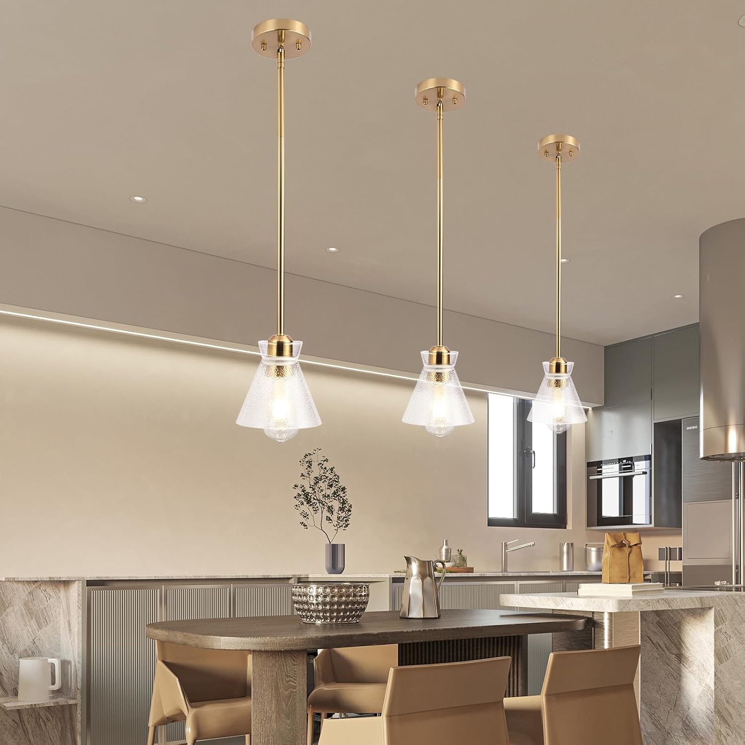 Finktonglan Gold Pendant Lights Kitchen Island, Modern Kitchen Island Lights Ceiling Lighting Fixtures with Glass Adjustable Dining Room Hanging Light, E26