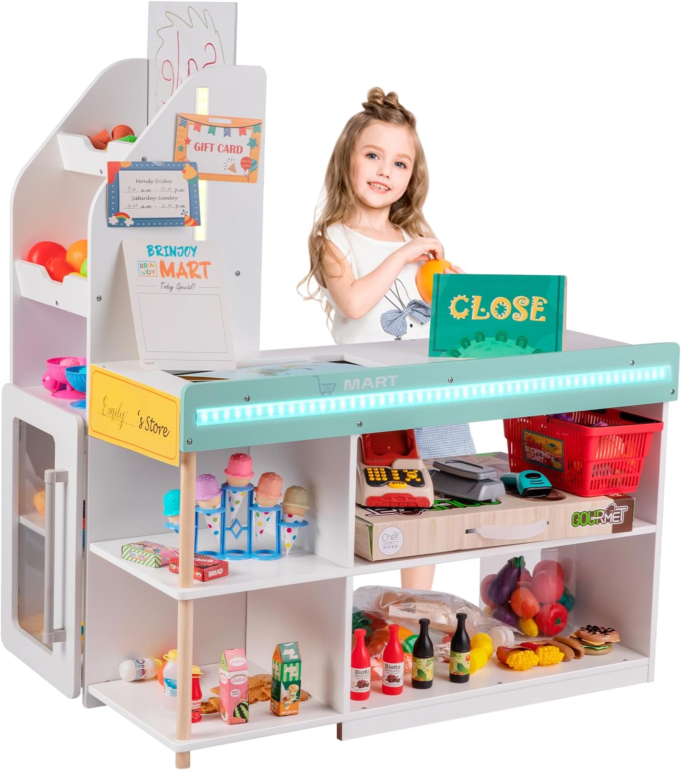 Pretend Grocery Store Playset, Wooden Pretend Play Supermarket w/LED Lights&Acrylic Sheet, Market Stand Toy w/Bag, Coupon, Learning Gift for Kids, Age 3+ (Store)