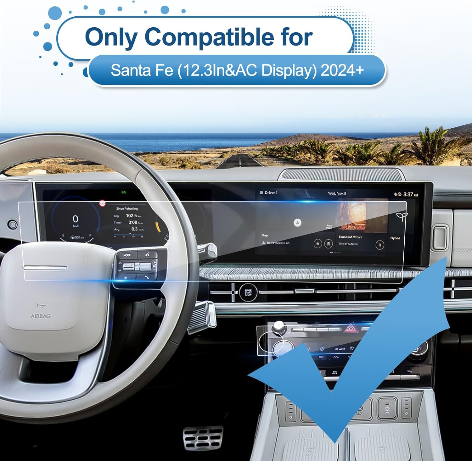 2024 2025 2026 Santa Fe Screen Protector for Hyundai Santa Fe (Dual 12.3Inch+AC Display) (SEL/XRT/Limited/Calligraphy), 9H Tempered Glass 2026 2025 SantaFe Hybrid Accessories HD Transparent