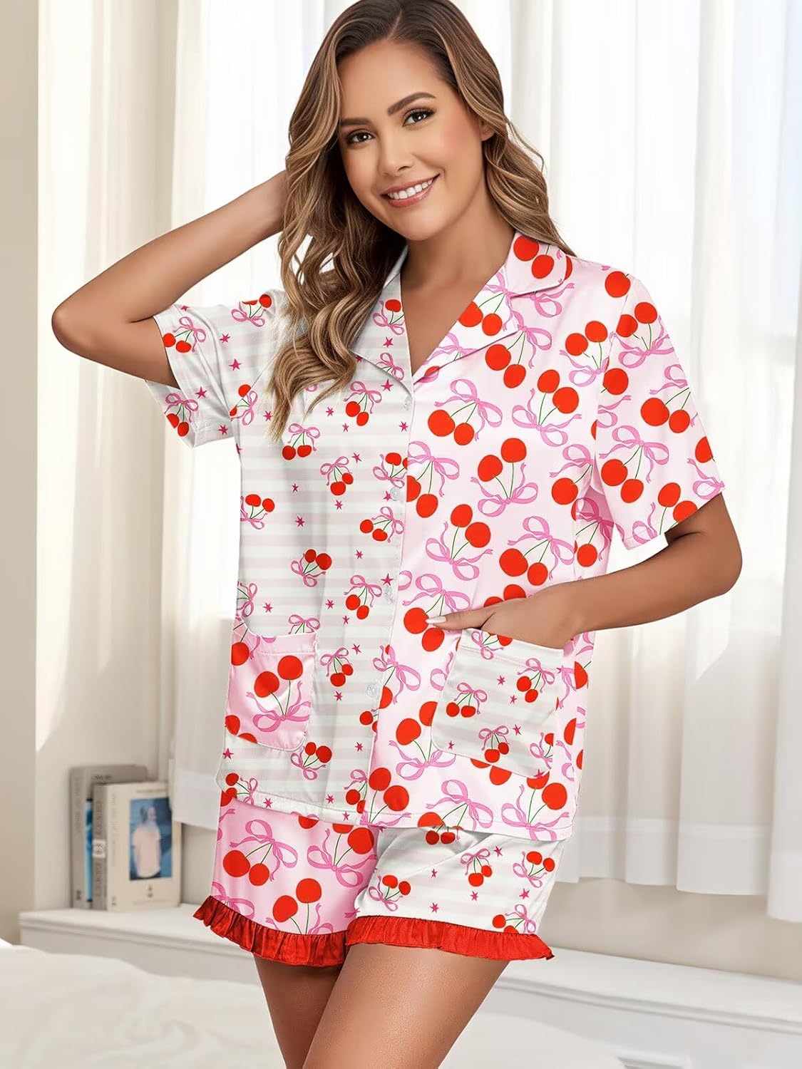 Brosloth Womens Silk Pajama Shorts Set Short Sleeve Summer Pjs Set Printed Ruffle Satin Pajamas 2 Piece Button Up Sleepwear - Image 2