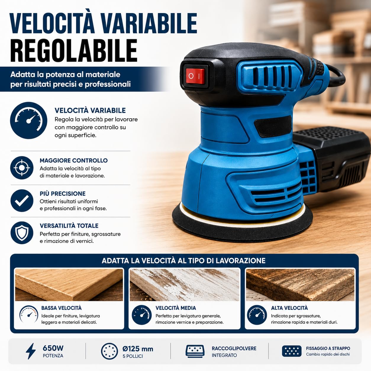 Topolenashop Levigatrice Roto Orbitale Elettrica 650W – Levigatore 125 mm 5" con Velocità Variabile, Platorello a Strappo, Contenitore Raccoglipolvere per Falegnameria | VP10502