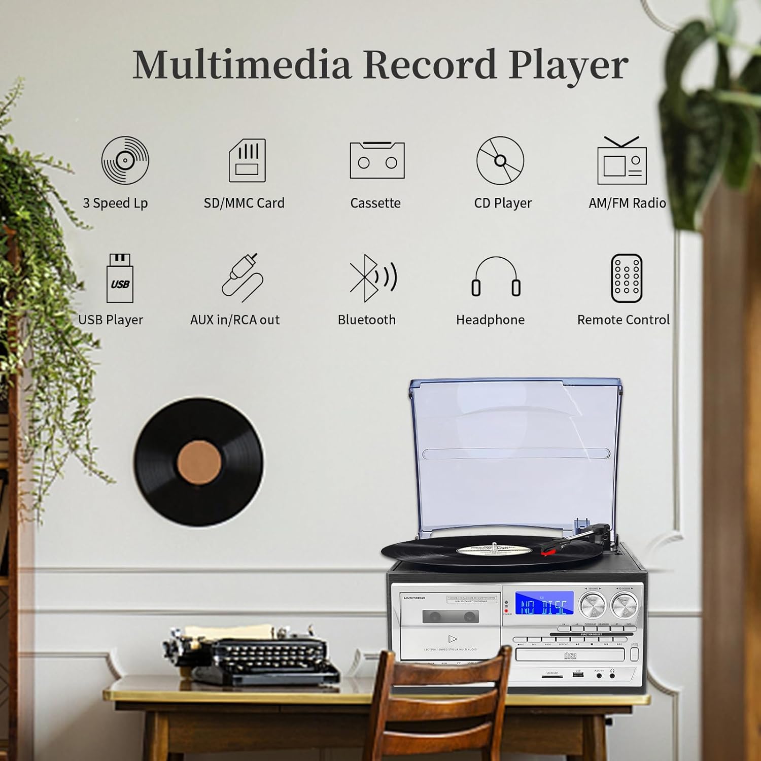 Fonografo vintage multifunzionale versatile Giradischi in vinile regolabile a 3 velocità con giradischi Cassetta CD Radio FM/AM Durata, Efficienza