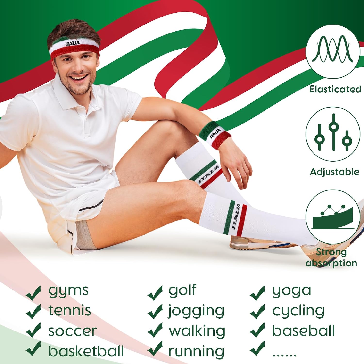 Jadive Sweatband Set and Includes 1 Head Sweatband and 2 Sports Wristband and 1 Pair Compression Socks for Men Women