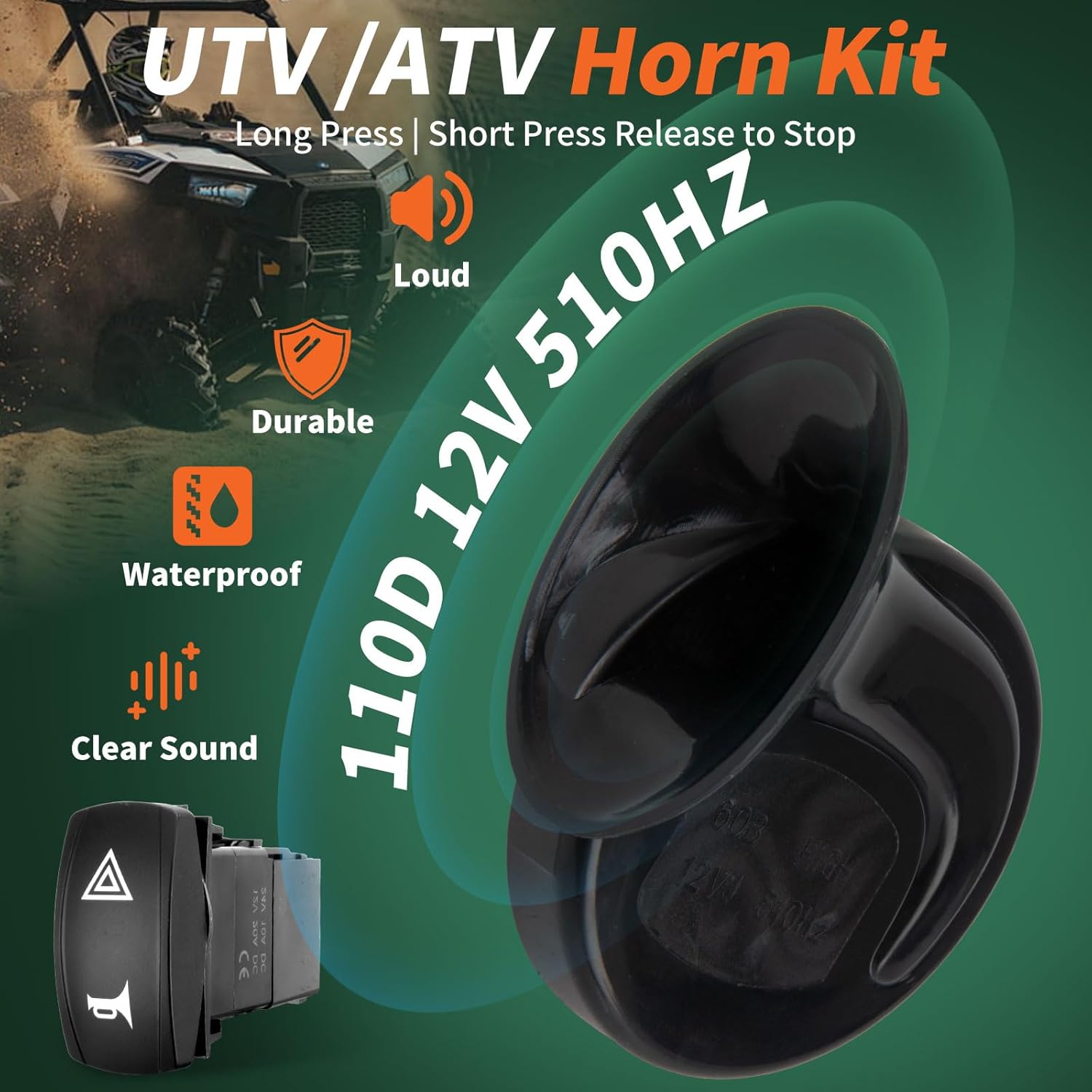 UTV Turn Signal Kit, Universal ATV UTV Street Legal Turn Signal with Rocker Switch, 110D Horn, Plug and Play Blinker Kit Compatible With Polaris, Can-Am, Kawasaki, Arctic Cat, CFMOTO, Pioneer （Amber）