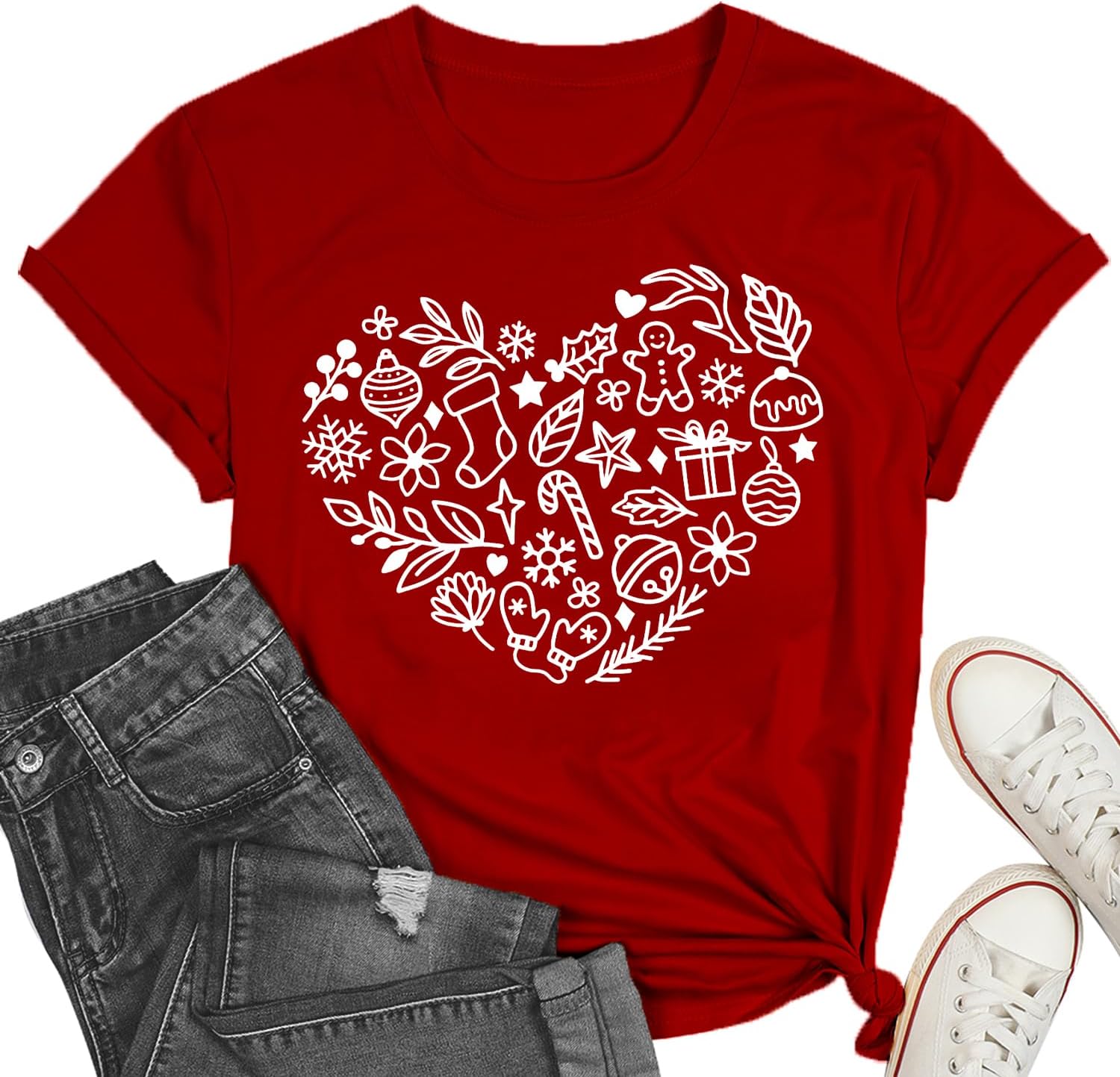 WBHCute Christmas Heart Graphic Shirt Christmas T-Shirts for Women Christmas Love Tops