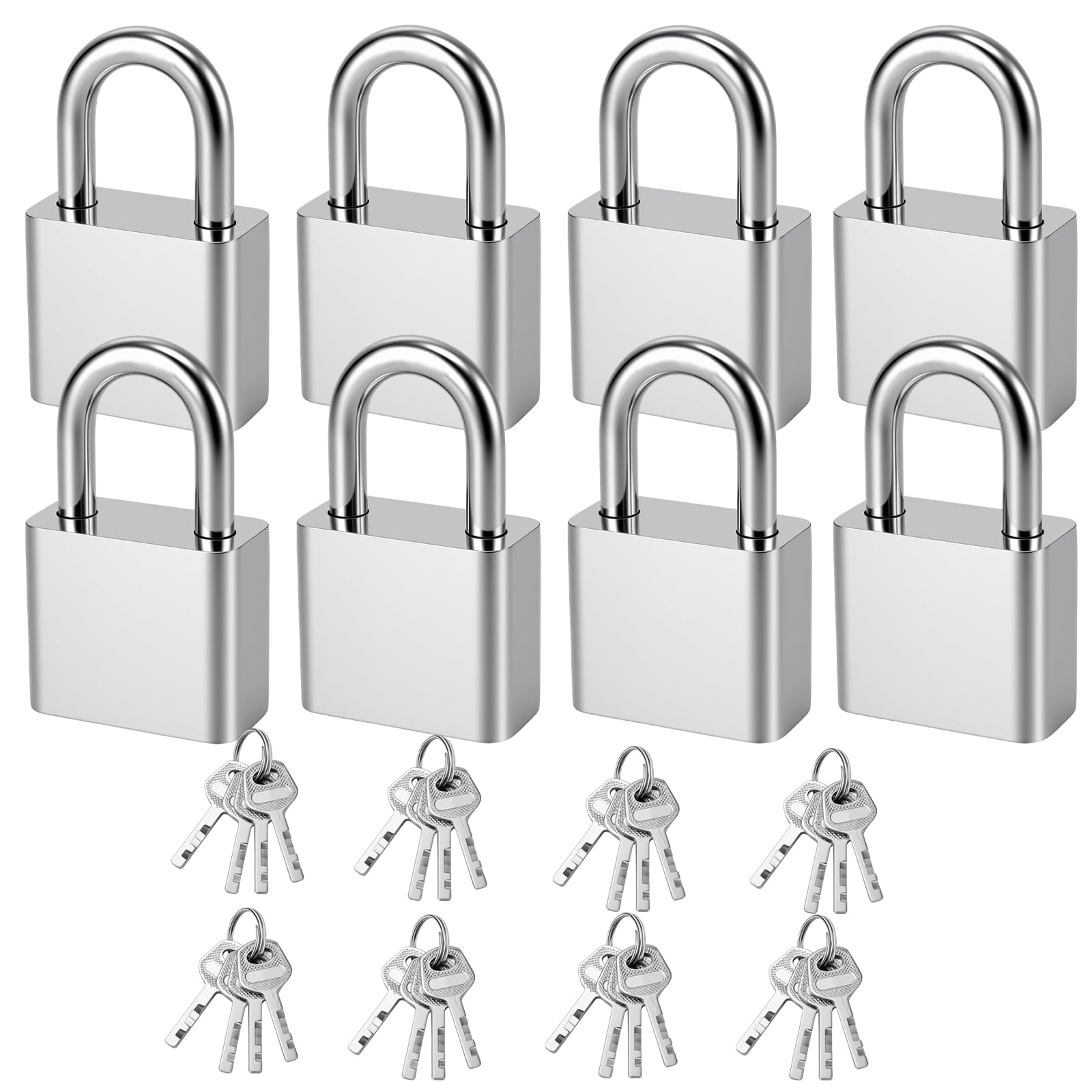 PINGEUI 8 Pack Padlocks with Keys, 30mm Mini Key Padlock, Small Pad Locks for Gym Locker, Suitcase, Travel Bag, Cabinets, Silver
