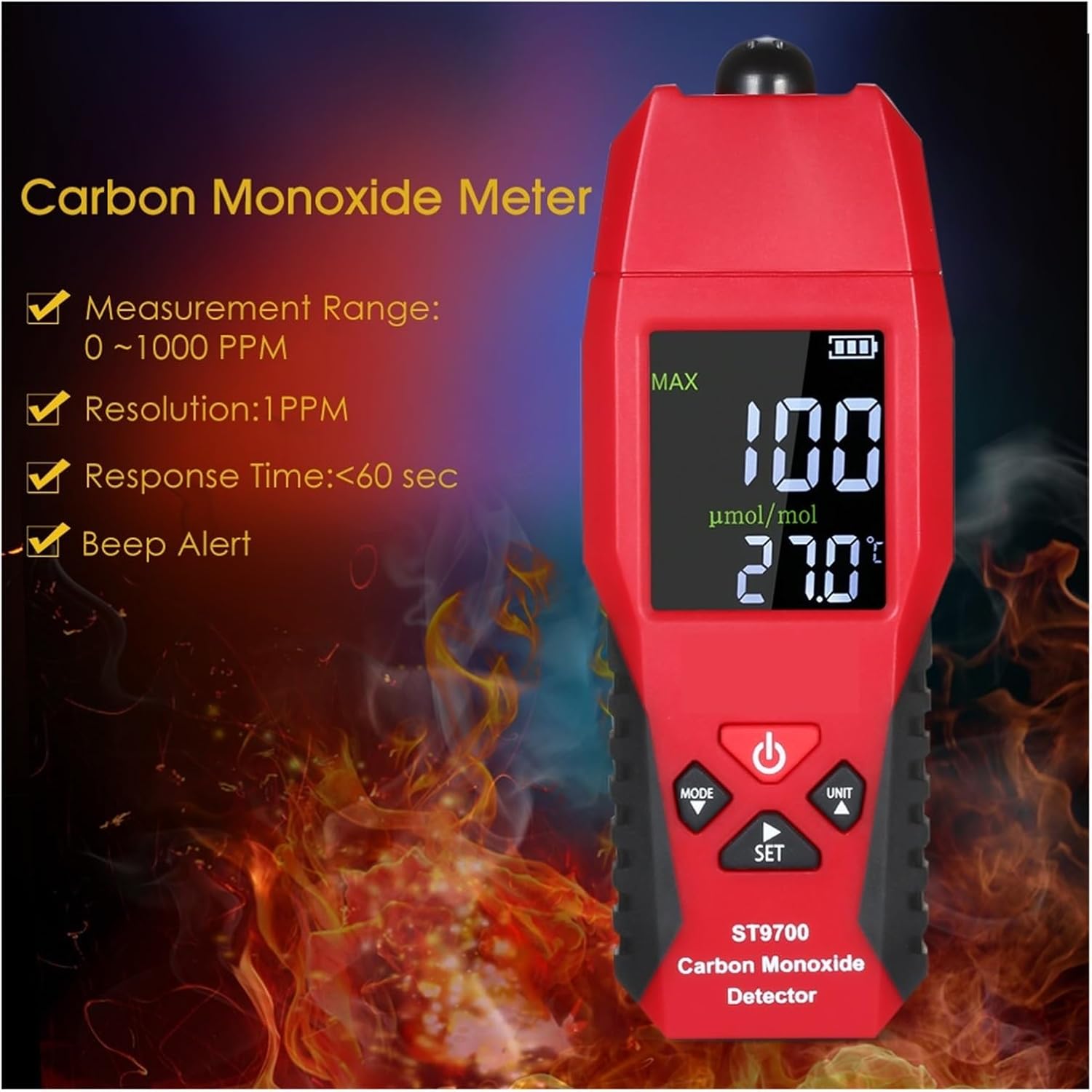 Handheld Carbon Monoxide Meter with High Precision Testing Meter Monitoring Detector G Sound Light Alarm Precise Sensors for Fast Detection