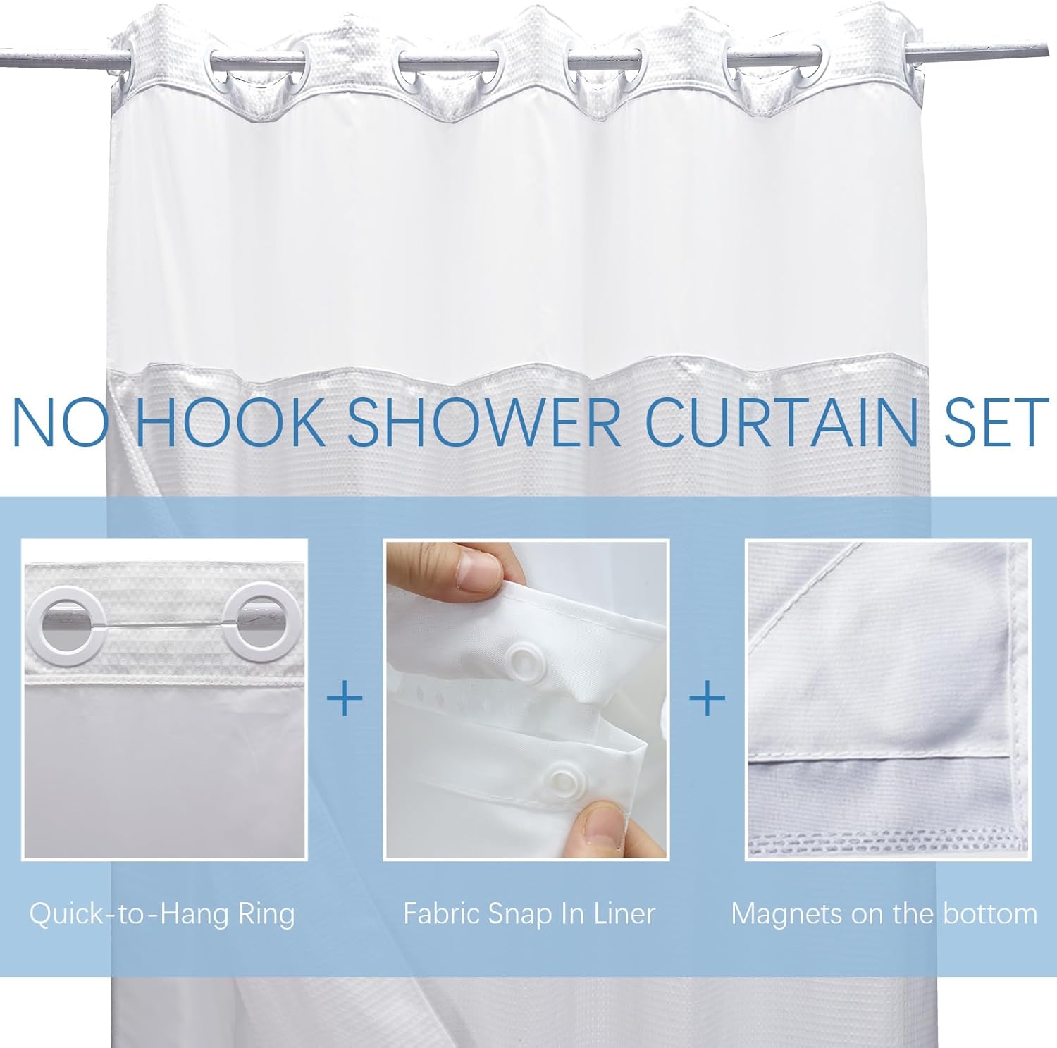 VIUOON No Hook Waffle Weave Shower Curtain with Snap-in Fabric Liner Set, Hotel Style with See Through Top Window, 230GSM Heavy Duty Fabric, Waterproof & Washable for Bathroom, 71W x 74H, White