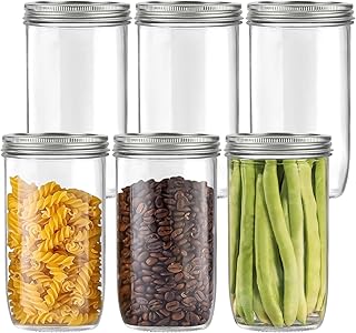 24 OZ Mason Jars Wide Mouth with Lids and Bands, 24OZ Tall Glass Ball Canning Jar airtight Storage, Safe Preserving Food or Pickle, Pack of 6