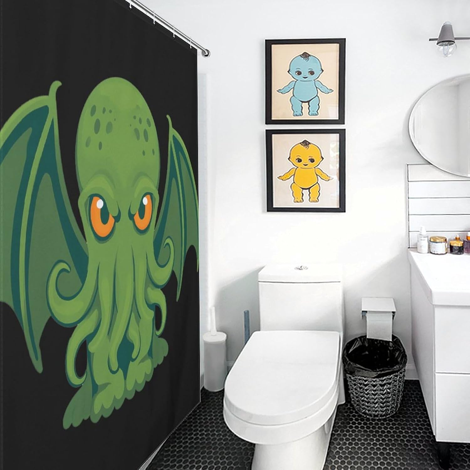 Cute Monster Greencthulhu Fabric Shower Curtain Liner Bath Bathroom | machine washable,with 12 hooks,stainless steel grommets,room divider