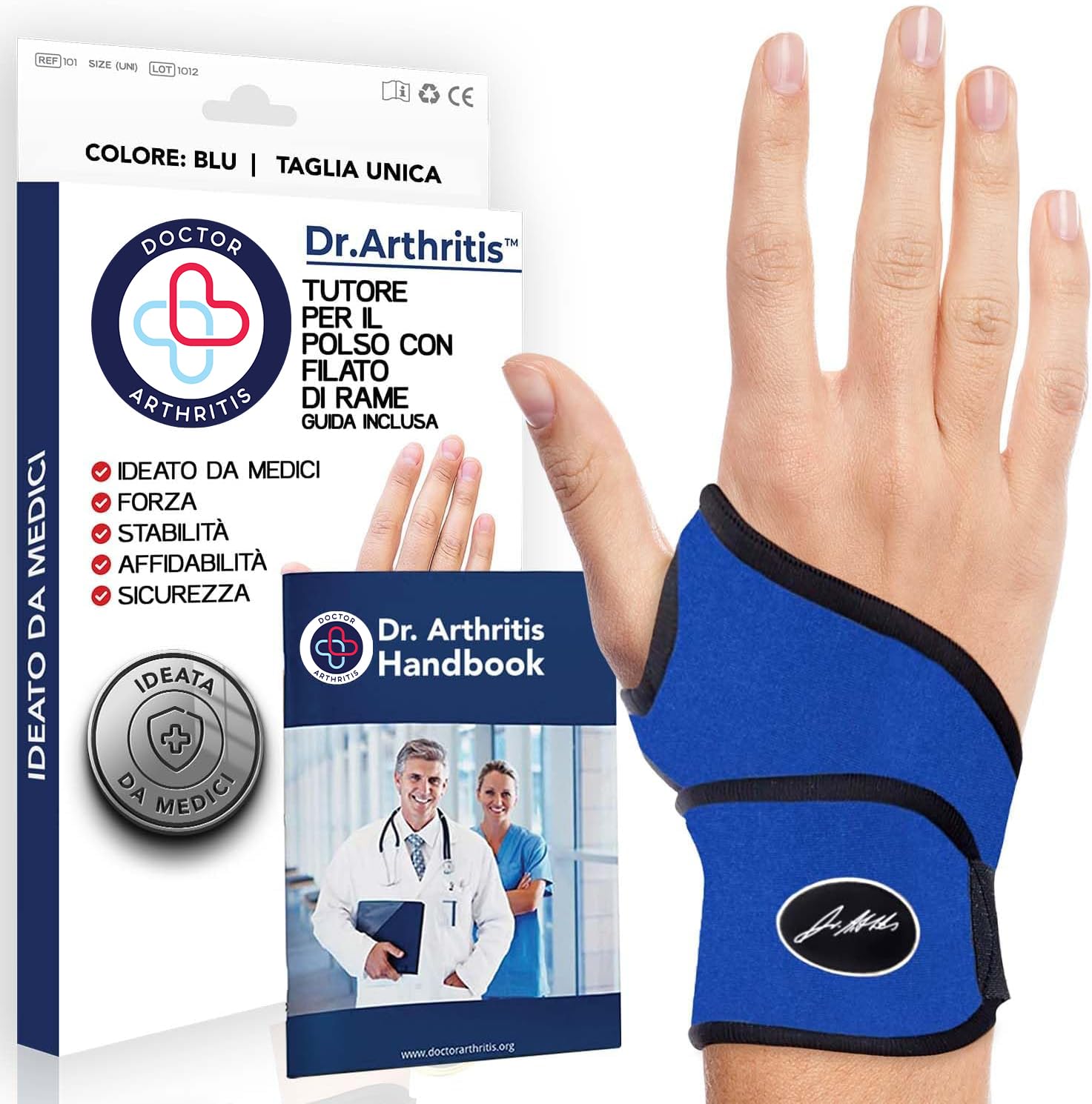 Tutore Polso con Rivestimento in Rame Ideato da Medici – Tutore Polso Sinistro e Destro per Tunnel Carpale – Fascia di Supporto con Chiusura a Strappo (Taglia Unica, Confezione Singola, Blu)
