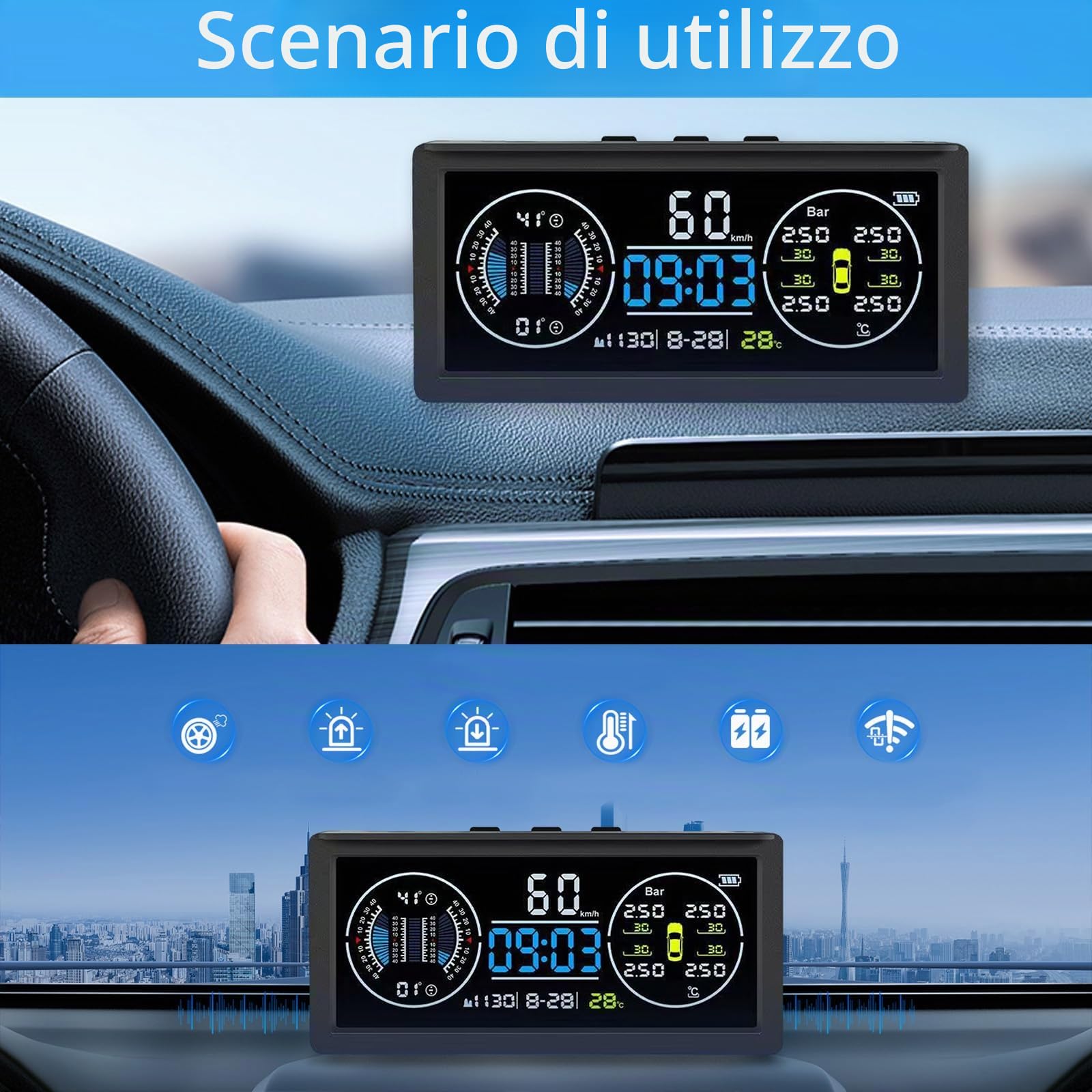 Sistema multifunzionale di monitoraggio della pressione dei pneumatici, TPMS con 4 sensori esterni, ricarica solare, monitor di velocità universale con display LCD a colori, 9,9 BAR/199 PSI