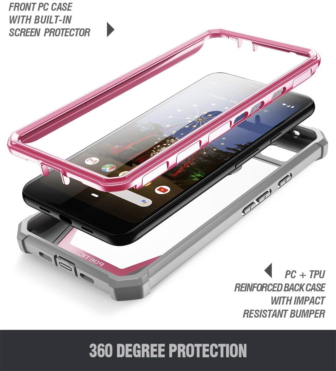 Google Pixel 3a XL Rugged Clear Case, Poetic Full-Body Hybrid Shockproof Bumper Cover, Built-in-Screen Protector, Guardian Series, Case for Google Pixel 3a XL (2019 Release), Pink/Clear