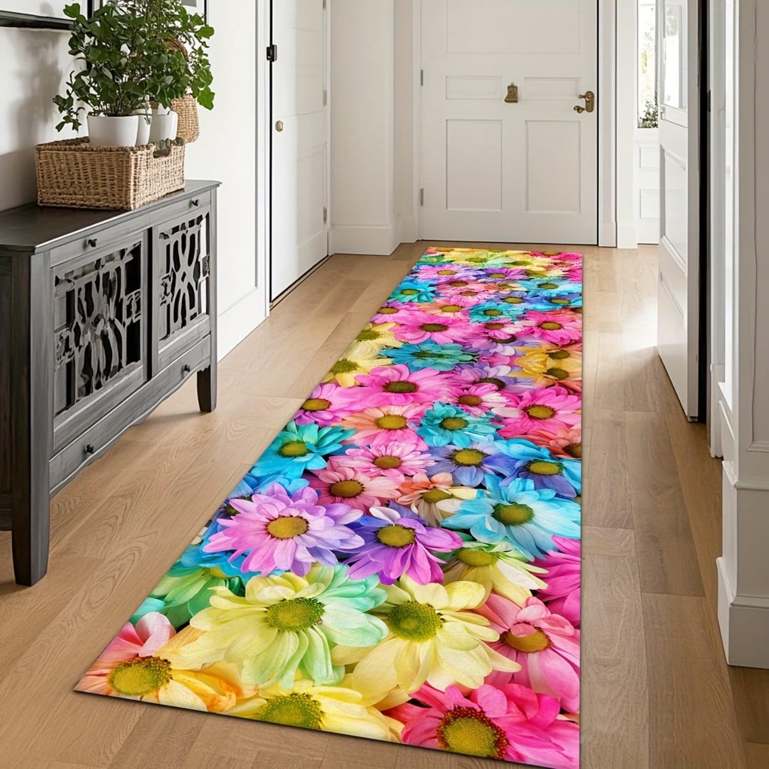 Colorful Floral Runner's Rug,80x200cm Vibrant Flowers, Modern Art Decoration, Washable Hallway Rugs Soft, Non-Slip, 3D Printed Carpet for Entrances, Kitchens, Dining Rooms, Children's Rooms, Lounges