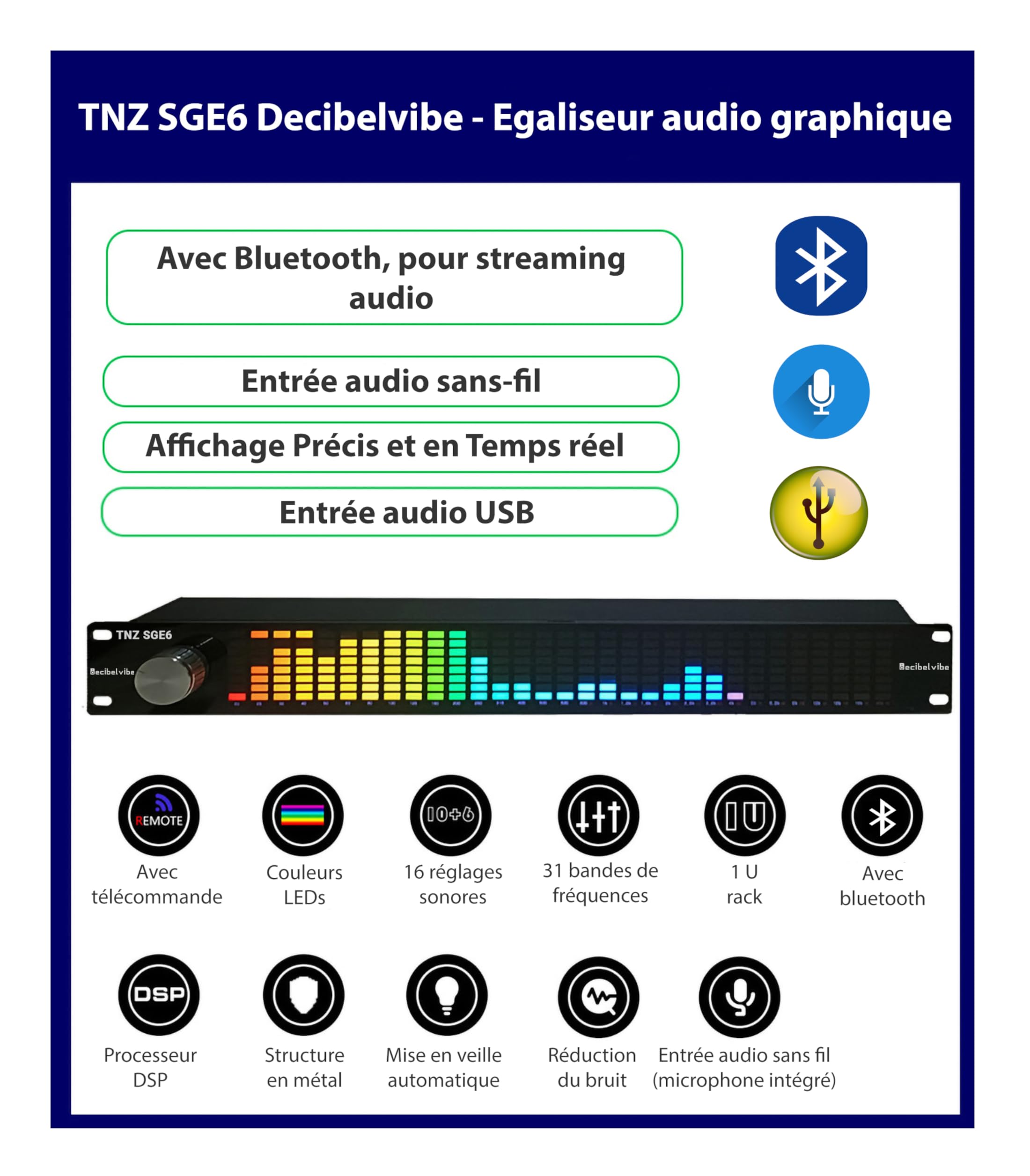 Decibelvibe TNZ SGE6 - Égaliseur Graphique Audio avec Entrée/Sortie RCA-Jack 3.5, entrée sans Fil Via Un Microphone intégré, entrée USB et Bluetooth, préampli Audio pour Systèmes Audio-Vidéo (Argent)