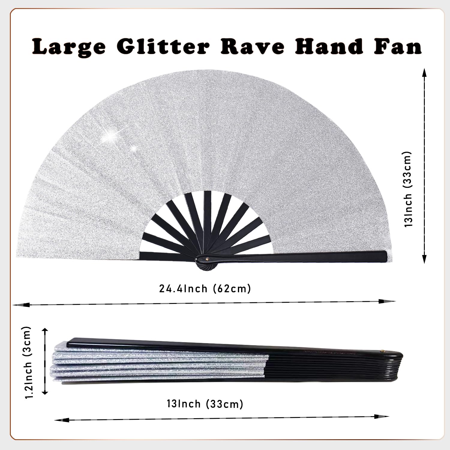 JXXHXJG Large Folding Glitter Rave Fan,Boots on The Ground Shiny Hand Fan Clack Fans for Line Dancing Handheld Fan for Rave Outfits Accessories Festival Home Decoration and DIY (Silver)