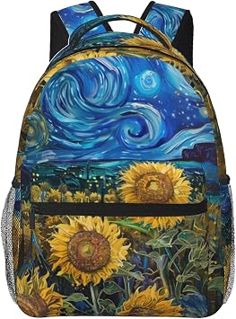 Sunflower Backpack Gifts for Girls Boys Kids Teens, Travel Backpacks Laptop Rucksack, Bookbag, Starry Night Art Sunflower Field Back Pack Accessories Bags for School, Work, Outdoor Adventures