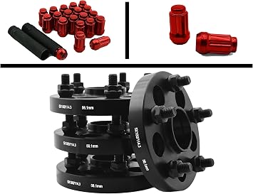 4 Pc 17mm 5x100 to 5x114.3 Conversion Hub Centric Adapter Kit 56.1mm Bore + 20 Red M12x1.25 Duplex Spline Locking Lug Nuts Includes 2 Security Sockets | Compatible with Subaru
