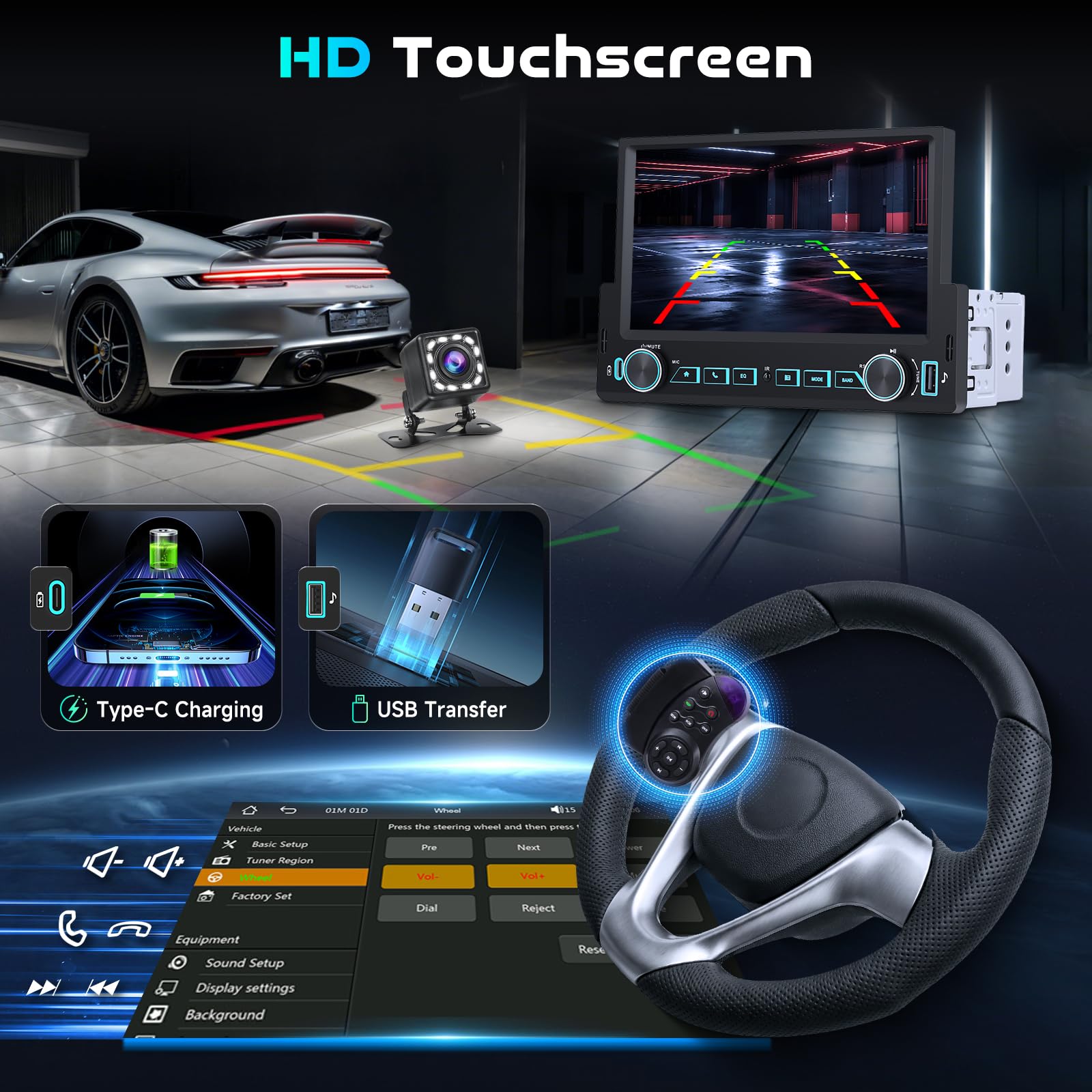Hodozzy Autoradio 1 Din avec CarPlay Android Auto sans Fil, Poste Radio Voiture 1 Din écran Tactile 7 Pouces avec Bluetooth, Mirror Link, Stéréo FM, Universel MP5 EQ Type-C/USB/AUX, Caméra Recul