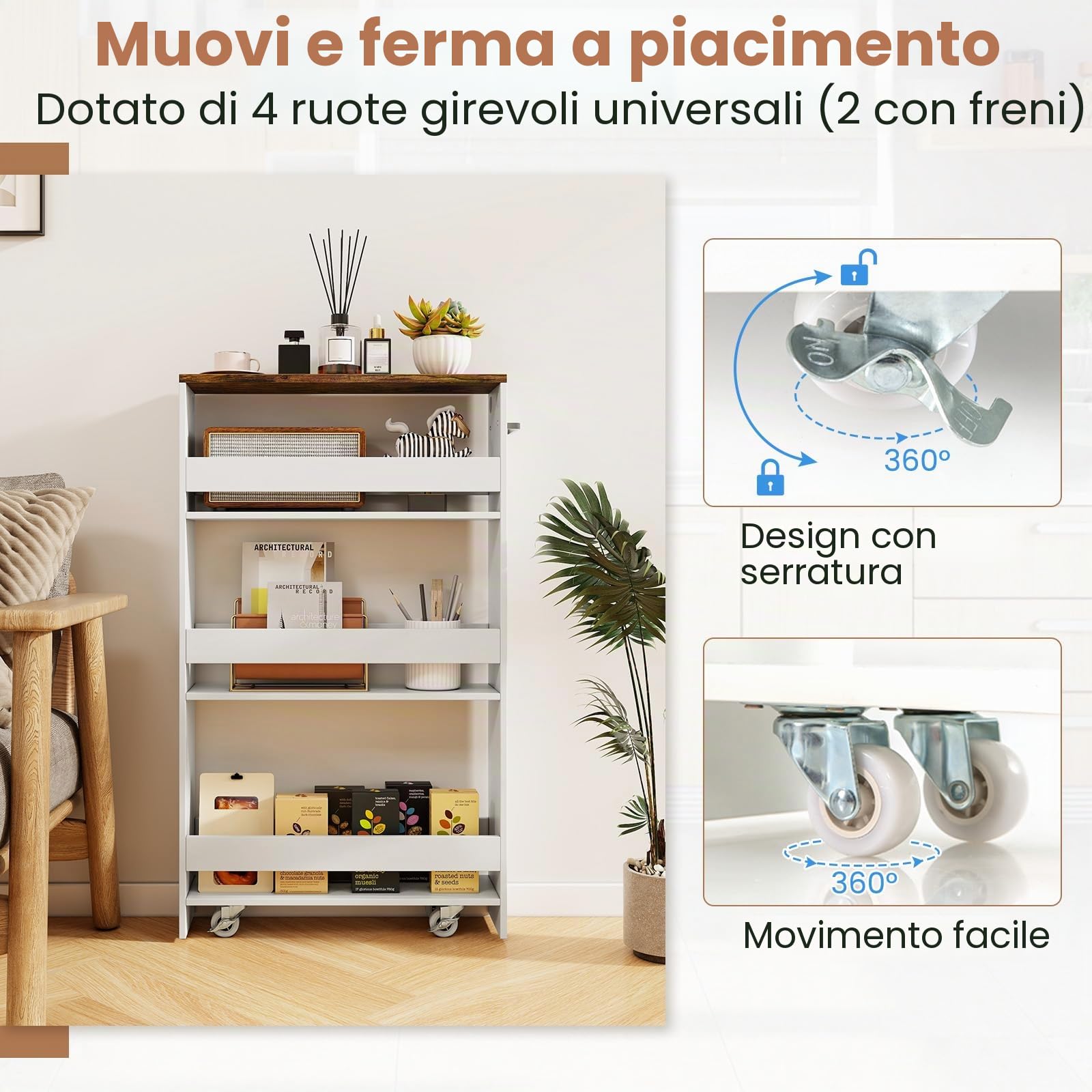 KOMFOTTEU Carrello Portaoggetti a 4 Ripiani con Ruote Rirevoli a 360°, Carrellino Scorrevole con Maniglia Slim, da Bagno, Cucina, Lavanderia, 47,5 x 20 x 80,5 cm (Bianco e Marrone, Senza Presa)
