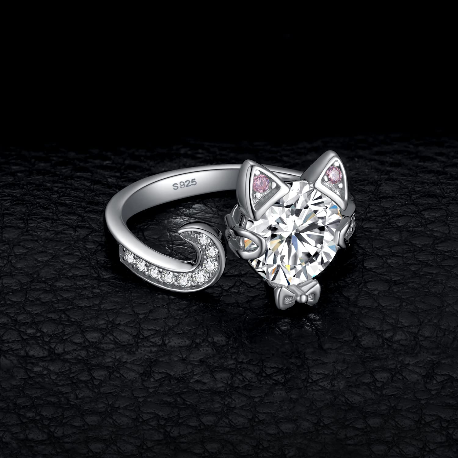JewelryPalace Ajustable Anillo Plata Mujer de Gato Rosa con Lindo Lazo, Anillo Abierto 3ct Circonita, Anillos Niña Plata de Ley 925 Piedra Preciosa, Anillo Llamativo Diamante Simulado, Conjunto Joyas