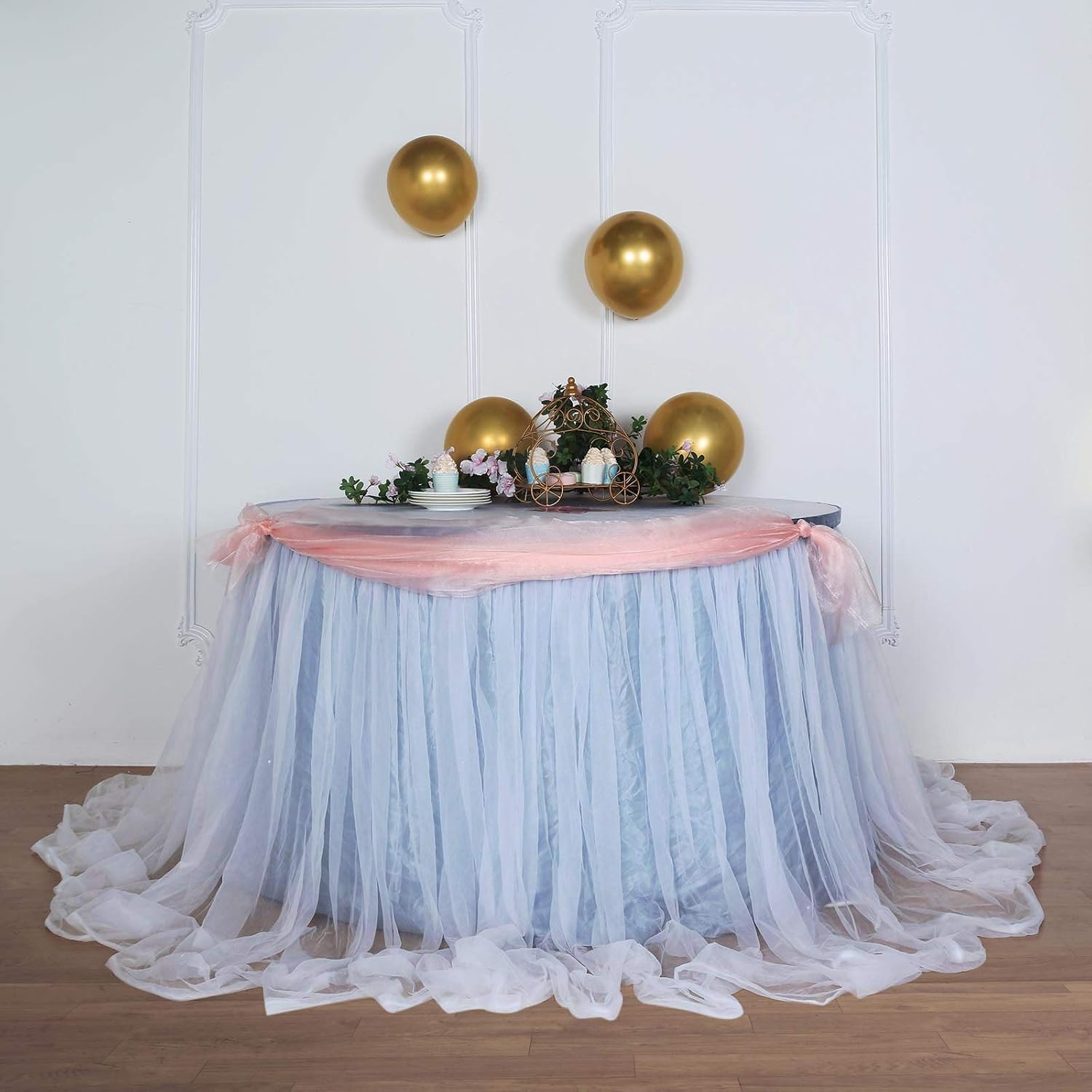 14FT Extra Long 48" Two Layered Tulle & Satin Table Skirt - Dusty Blue | White