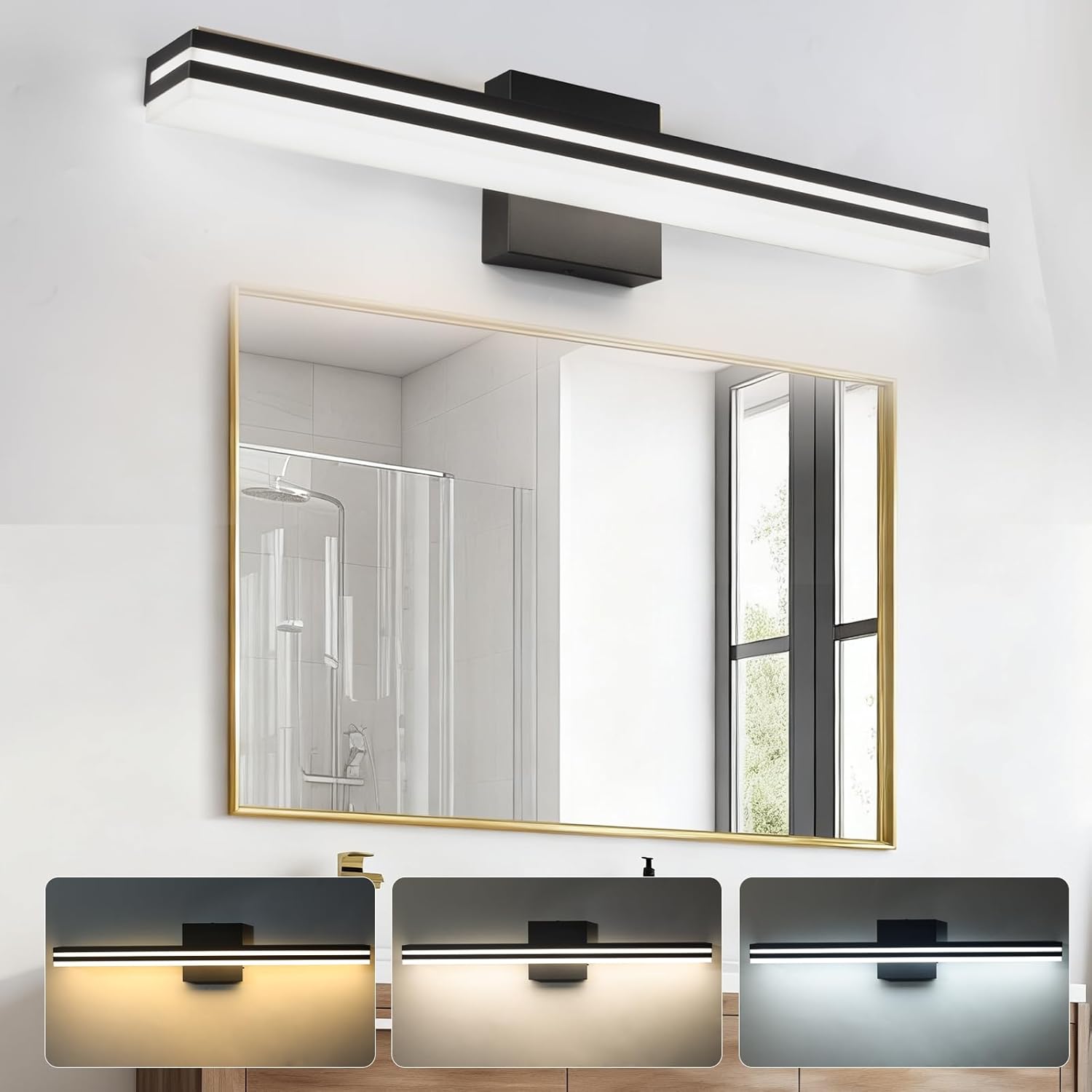 24-Inch LED Bathroom Vanity Light, 3 Color Temperature (3000K/4500K/6000K), IP44 Waterproof Gold Wall Sconce, 18W 1200LM Aluminum & Acrylic Lighting for Mirror, Bedroom Dressing Table