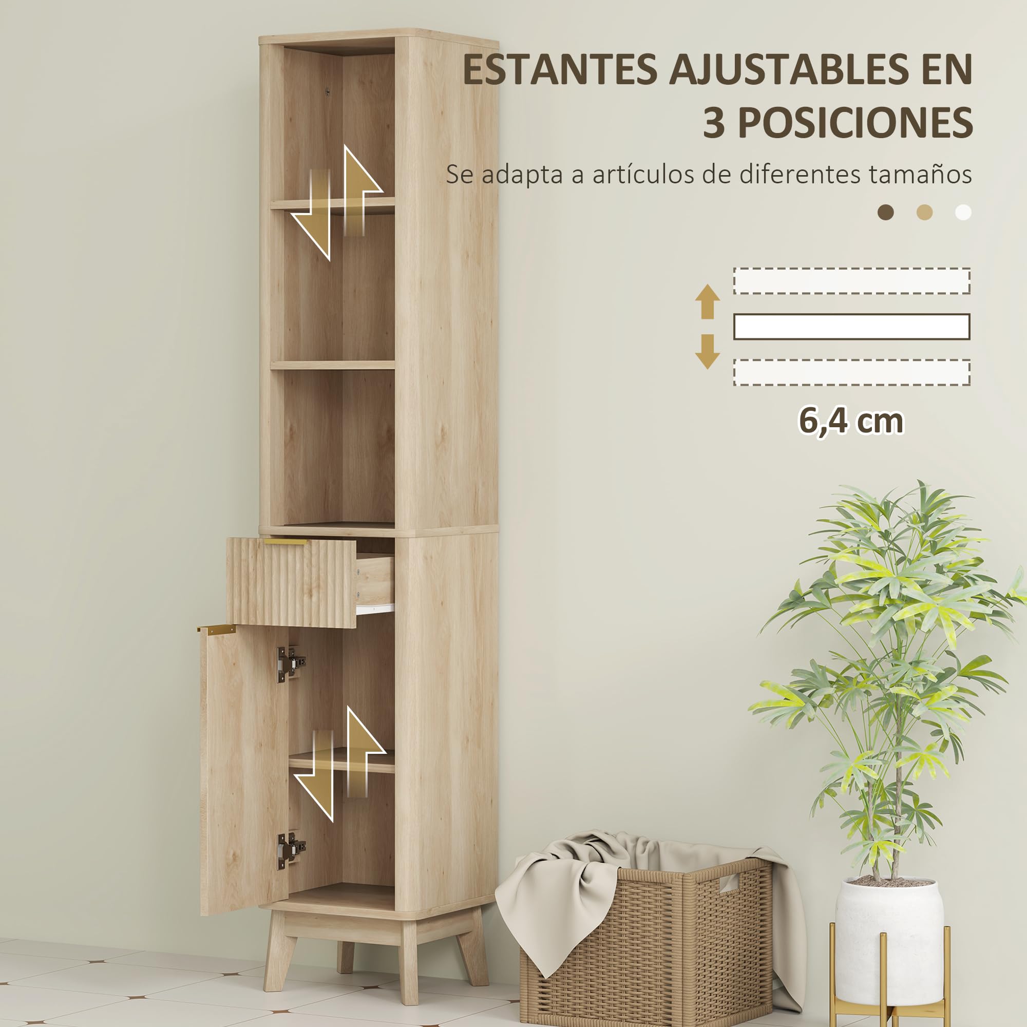 HOMCOM Mueble de Baño Estrecho Puerta de Acanalado 33x30x170 cm Natural | Columna de Baño, Cajón, 3 Compartimentos Abiertos, Estantes Ajustables
