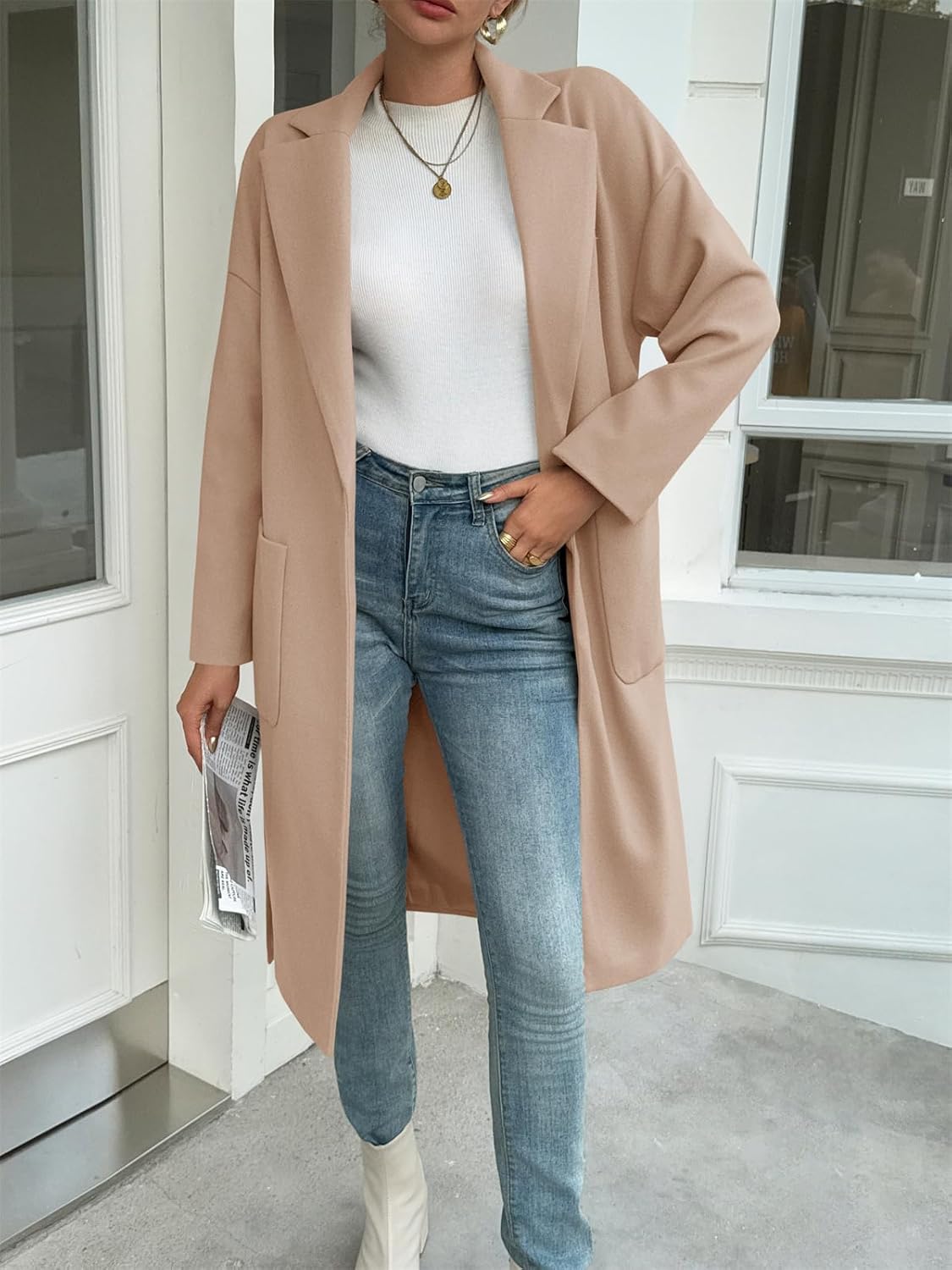 Tankaneo Womens Long Pea Coats Open Front Lapel Jackets Casual Belted Trench Coat Overcoats with Pockets - Image 2