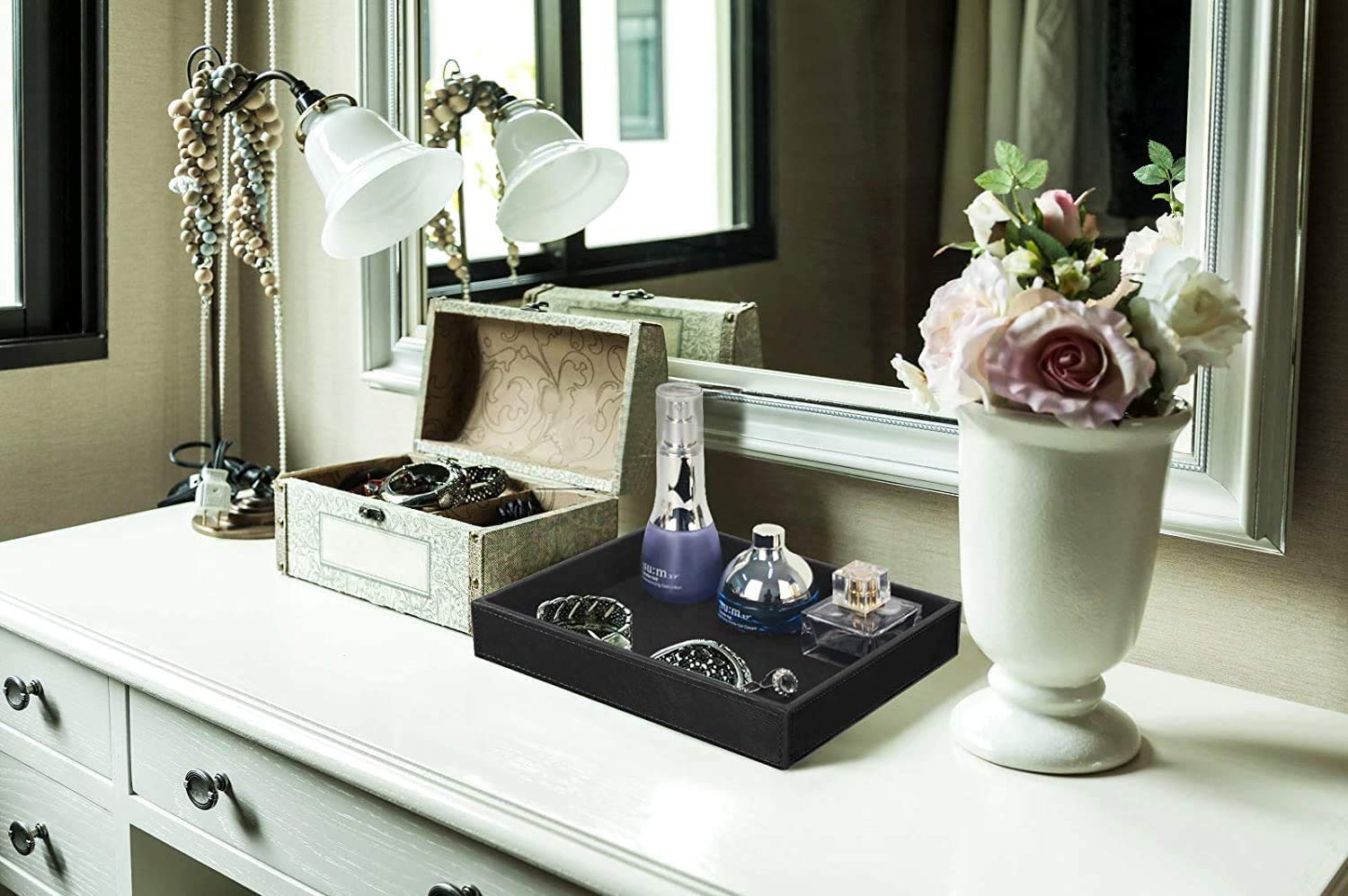 Plateau décoratif en cuir synthétique - 33 x 25 x 4 cm - Pour bijoux, cosmétiques, petits accessoires - Pour salon, chambre à coucher, salle de bain