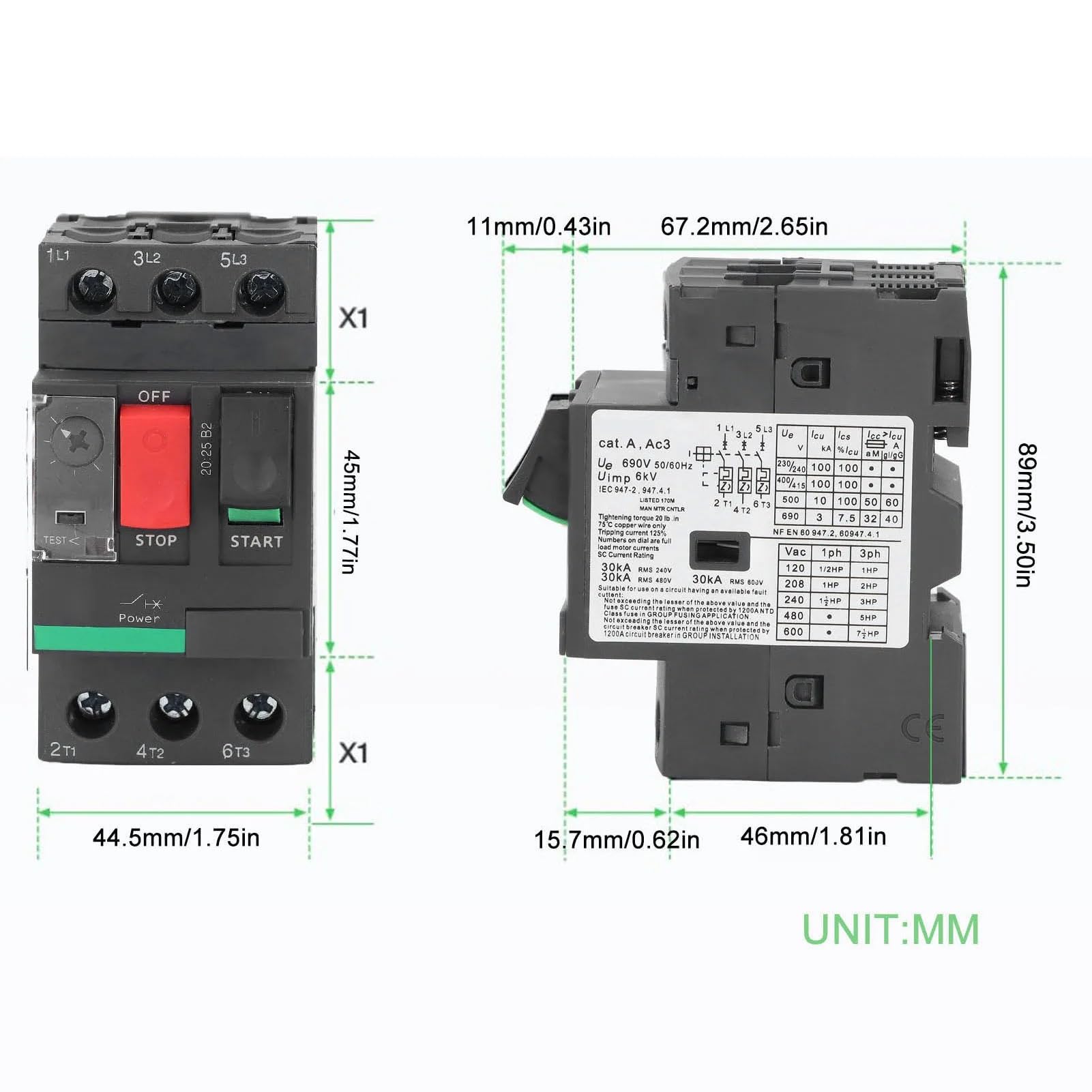 Disjoncteur Disjoncteur moteur AC690V 0,63-1A Rail DIN 35 mm Bouton de démarrage manuel du moteur