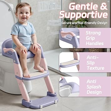 Snugzy Toddler Potty Training Seat 3-in-1 Foldable Potty Training Toilet with Step Stool Adjustable Potty Chair with Urinals (Pink Purple)