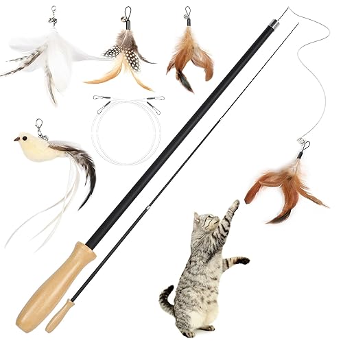 Cozary Giochi per Gatti, 5 Pezzi Giochi Interattivi per Gatti, Gioco Gatto, Giocattoli Gatto con 1 Uccellini e 3 Piume di Ricambio con Campanelli, Bacchetta Retrattile con Manico in Legno per Gattini