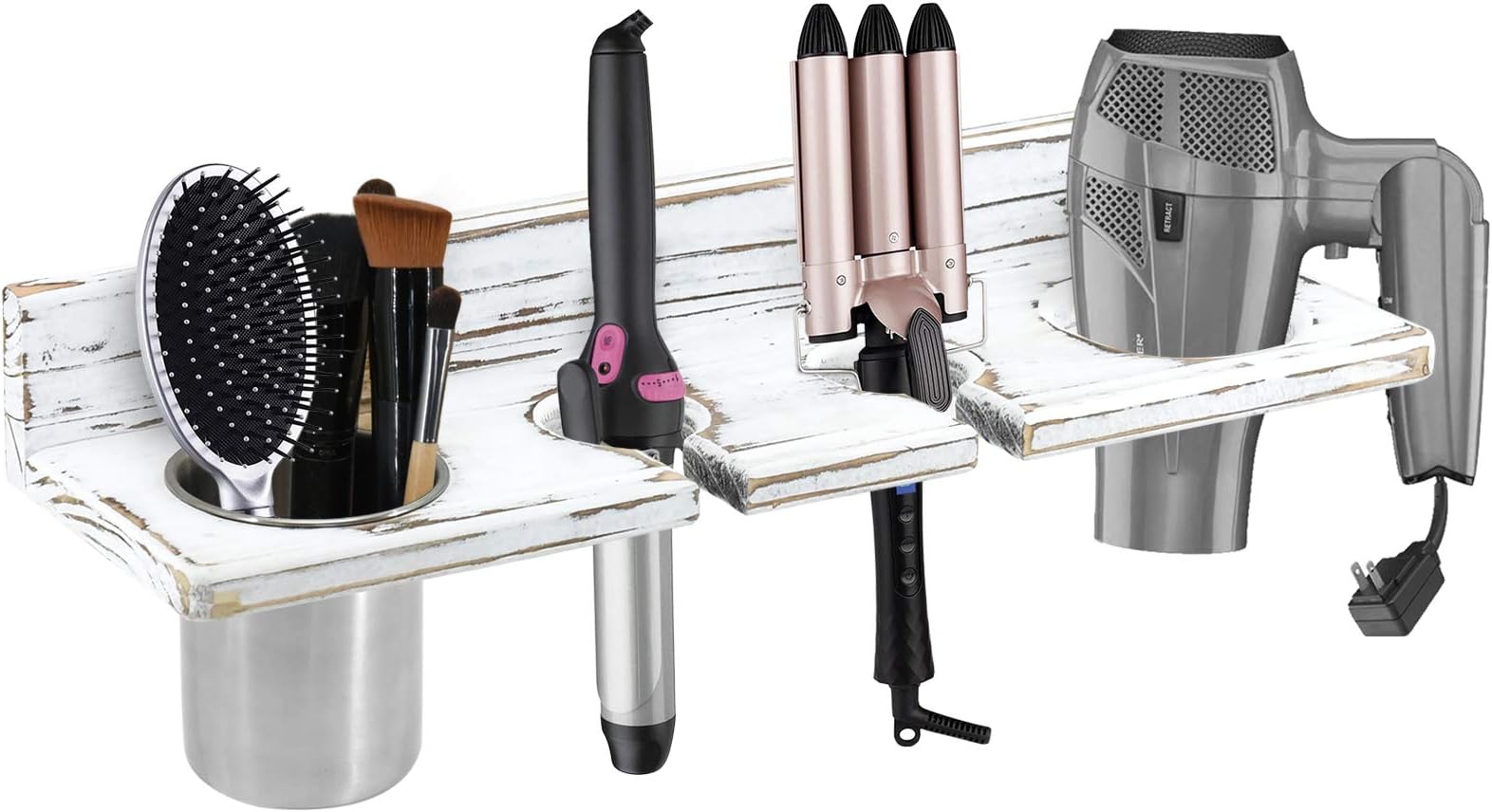 Bathroom Wall Mount Hair Dryer Holder & Organizer, Farmhouse Wooden Beauty Appliance Holder for Flat Iron, Curling Wand, Straighteners, Brushes, White