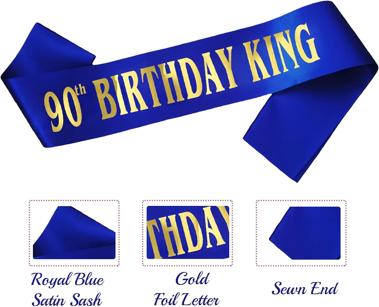90th Birthday King Sash for Men, Royal Blue Birthday Sash for 90th Bday Party Supplies, Gifts for Men Bday Party Favors