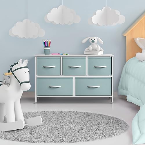 Miniatura 6 de Sorbus Cómoda para niños con 5 cajones, organizador de baúl de almacenamiento con marco de acero, parte superior de madera, cubos de tela fáciles de