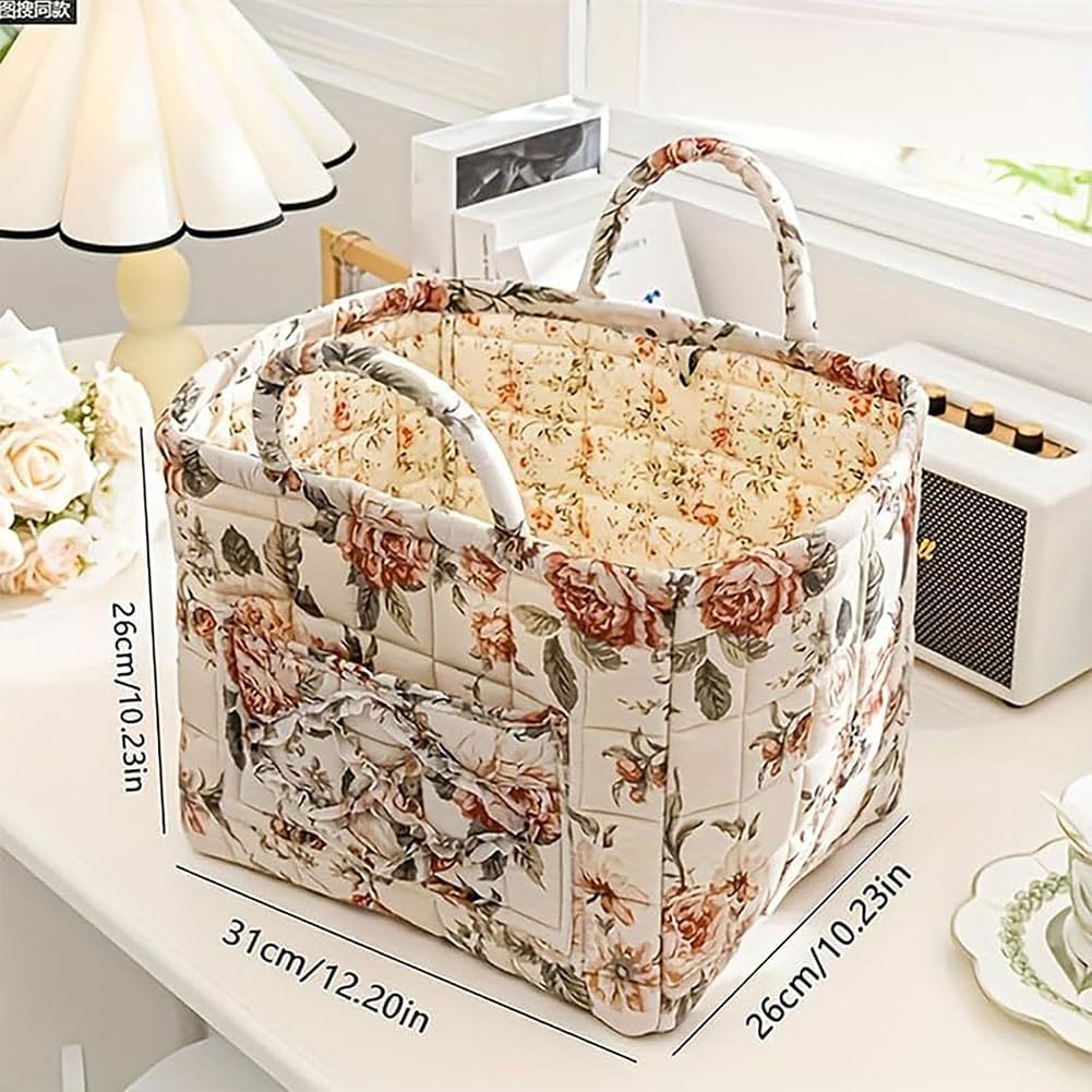 Boho Fabric Storage Basket, Boho Floral Laundry Baskets, Collapsible Bohemian Style Puffer Quilted Tote, Large Capacity Spring Vintage Storage Bag Organizer with Handle & Front Pocket (Flowers C#)