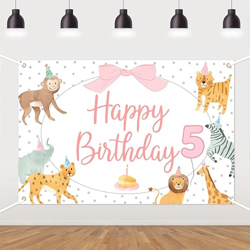 Animals Birthday Girl Party Backdrop,Pink Safari Jungle Zoo Theme 5th Birthday D