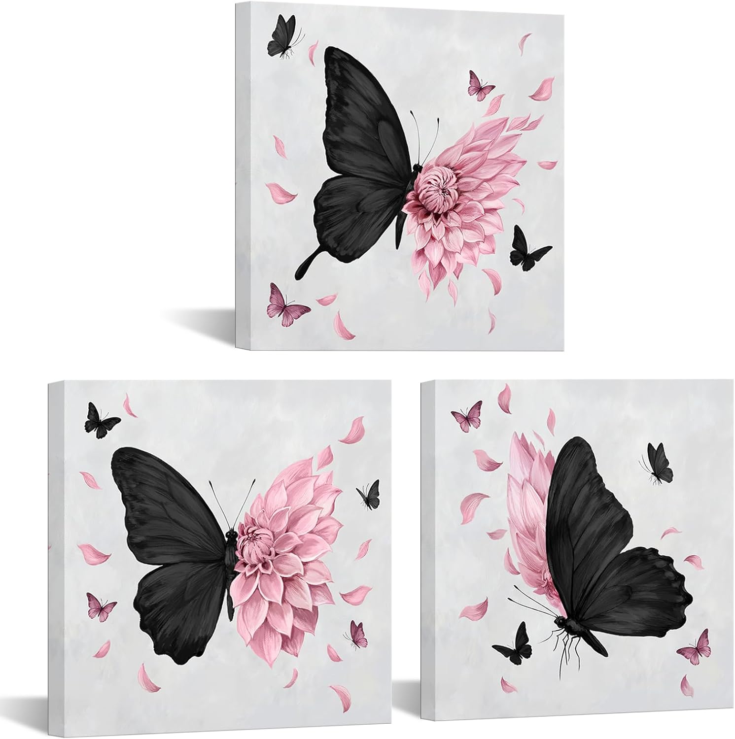 Fochorlo Black and Pink Wall Art Butterfly Wall Decor Dahlia Painting Bedroom Bathroom Decorations 12"x16"x3