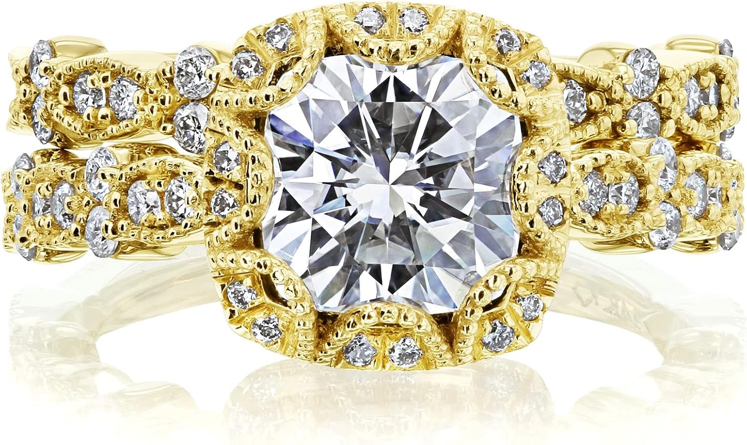 2 1/5 ctw Royal Halo Colleen Cushion Moissanite Bridal Rings Set 14K Gold - yellow-gold / 7.5 / Forever One D-E-F