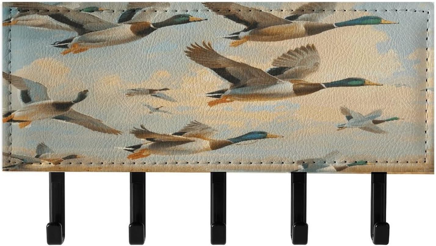 Key Holder Wall Mount Key Hanger with 5 Hooks, Decorative Key Rack | Hunting Flying Wild Ducks Hanging Key Hooks with Mail Organizer for Wall Living Room Kitchen Bathroom Hallway