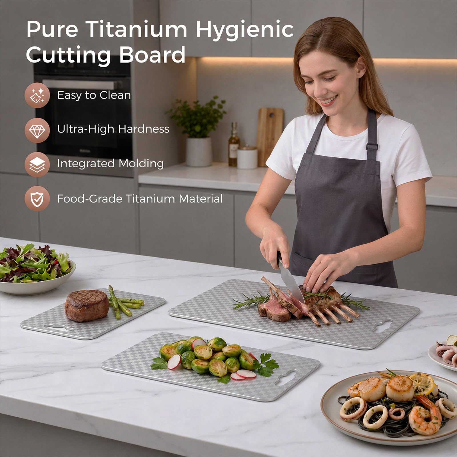 100% Reines Titan Schneidebrett 3er-Set, Beidseitig Nutzbar Kariertes Muster, Lebensmittelechte Küchenbretter Spülmaschinenfest, Metall Charcuterie Schneidunterlage für Fleisch Obst Käse Gemüse(S,M,L)