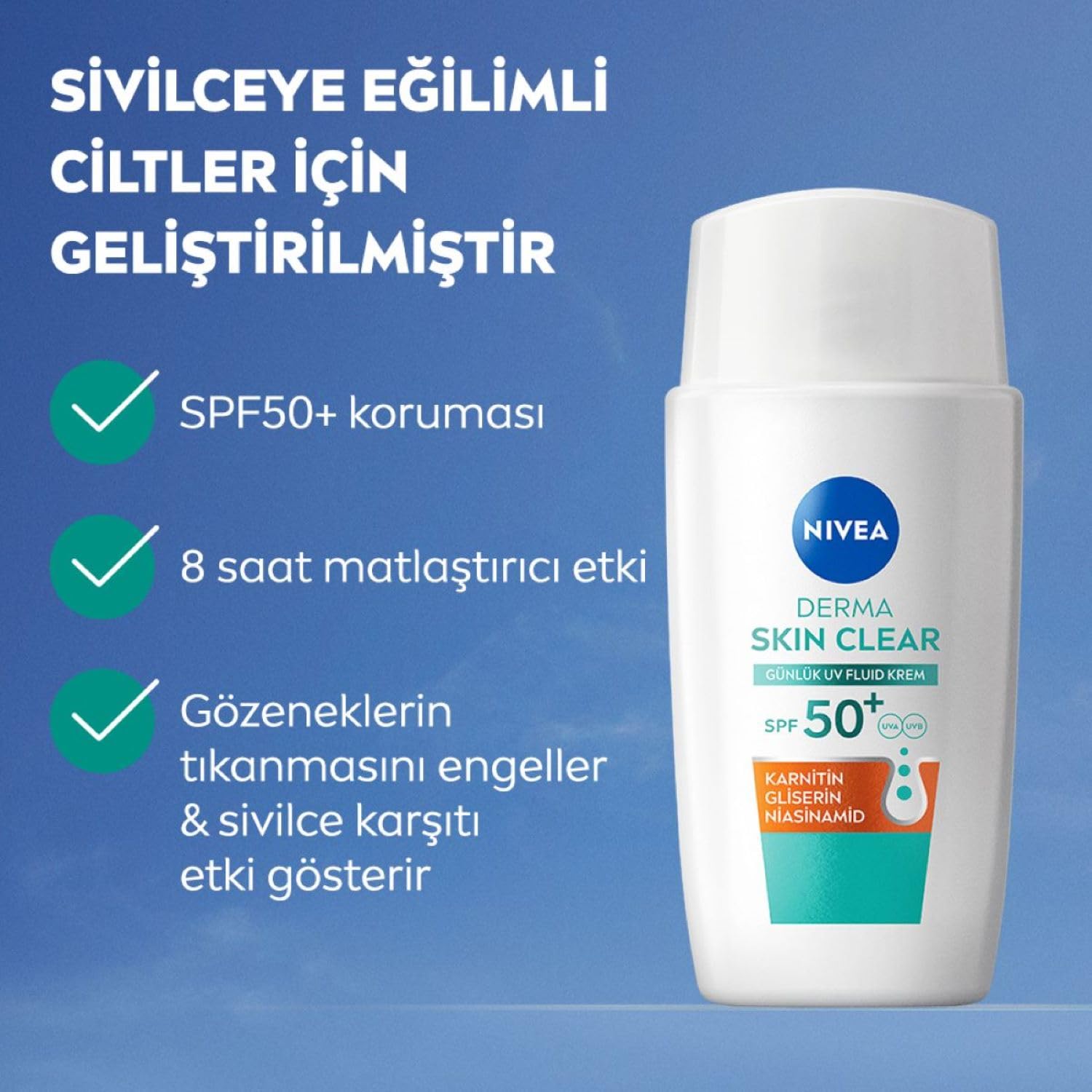 NIVEA SPF50 Derma Skin Clear Sivilce Karşıtı Gündüz Yüz Kremi 40 ml,Matlaştırıcı,Makyaj Bazı,Karnitin,Gliserin,Niasinamid,Hafif Formül